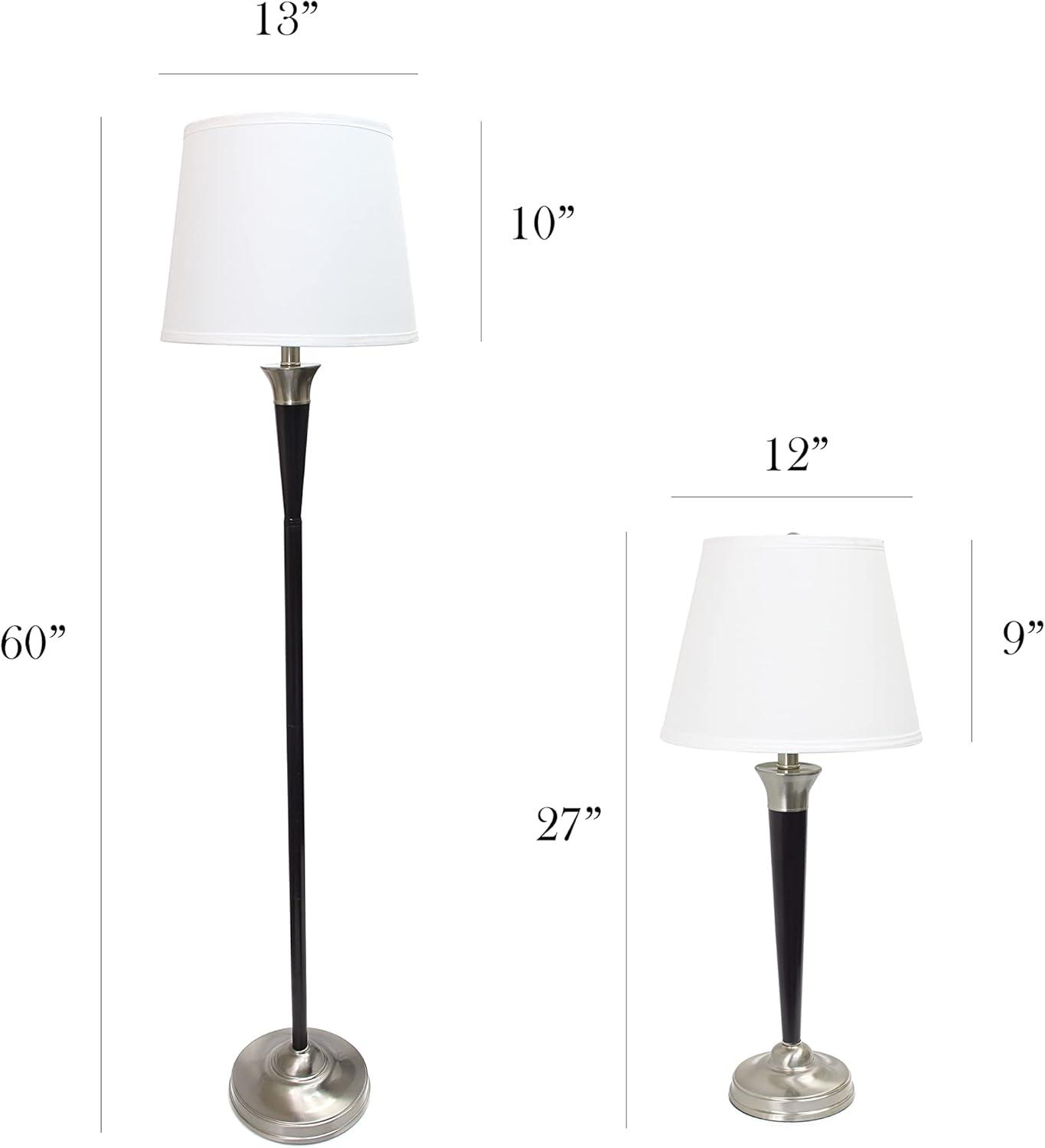 Elegant Designs 3pk Malbec Lamp Set (2 Table Lamps and 1 Floor Lamp) Black: Modern Cotton Shade, UL Listed, 1-Way Switch