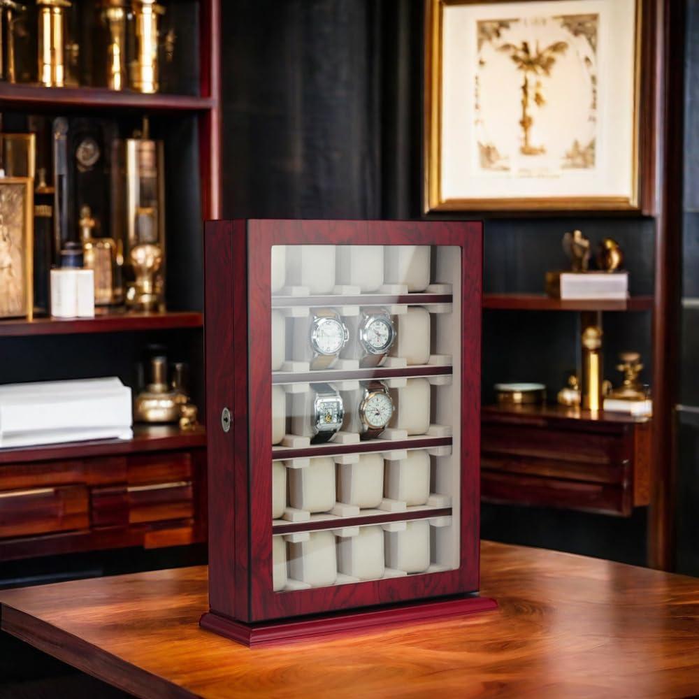 Cherry Wood 30-Slot Wall Mounted Watch Display Case