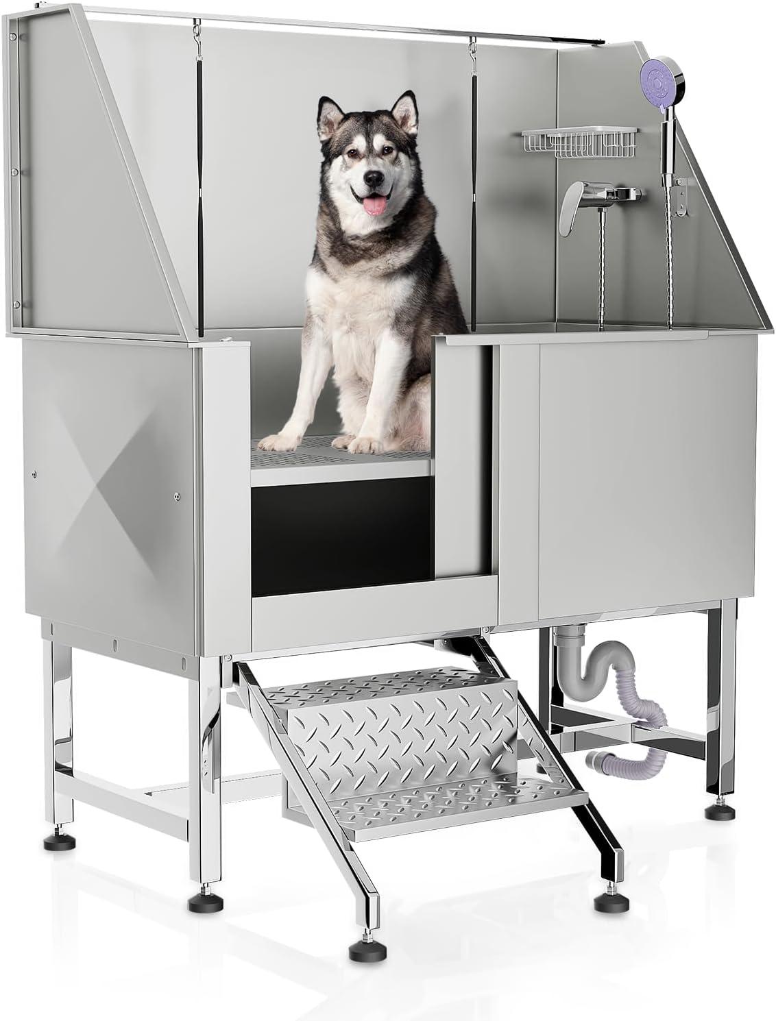 MoNiBloom 50" Stainless Steel Dog Grooming Tub with Steps and Sliding Door