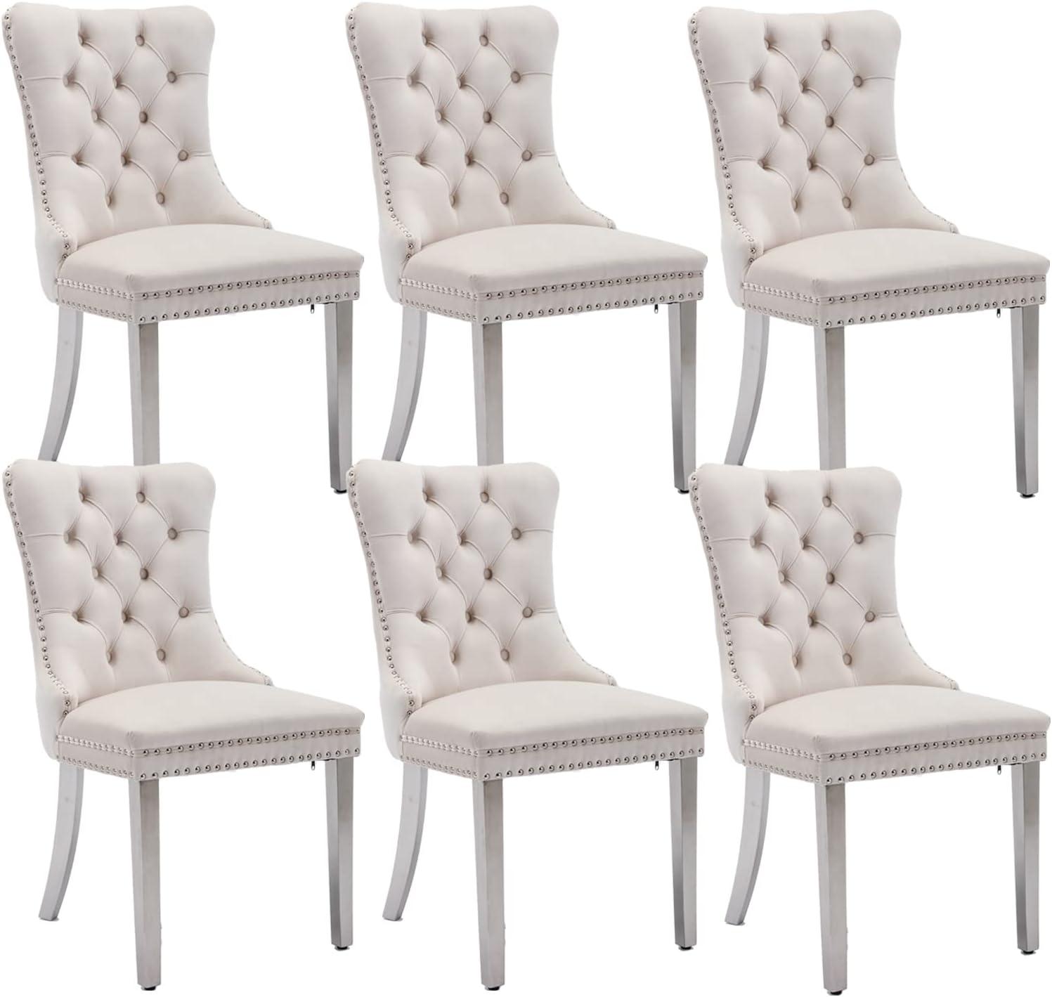 Beige Velvet Upholstered High Back Side Chairs with Wood Legs, Set of 6