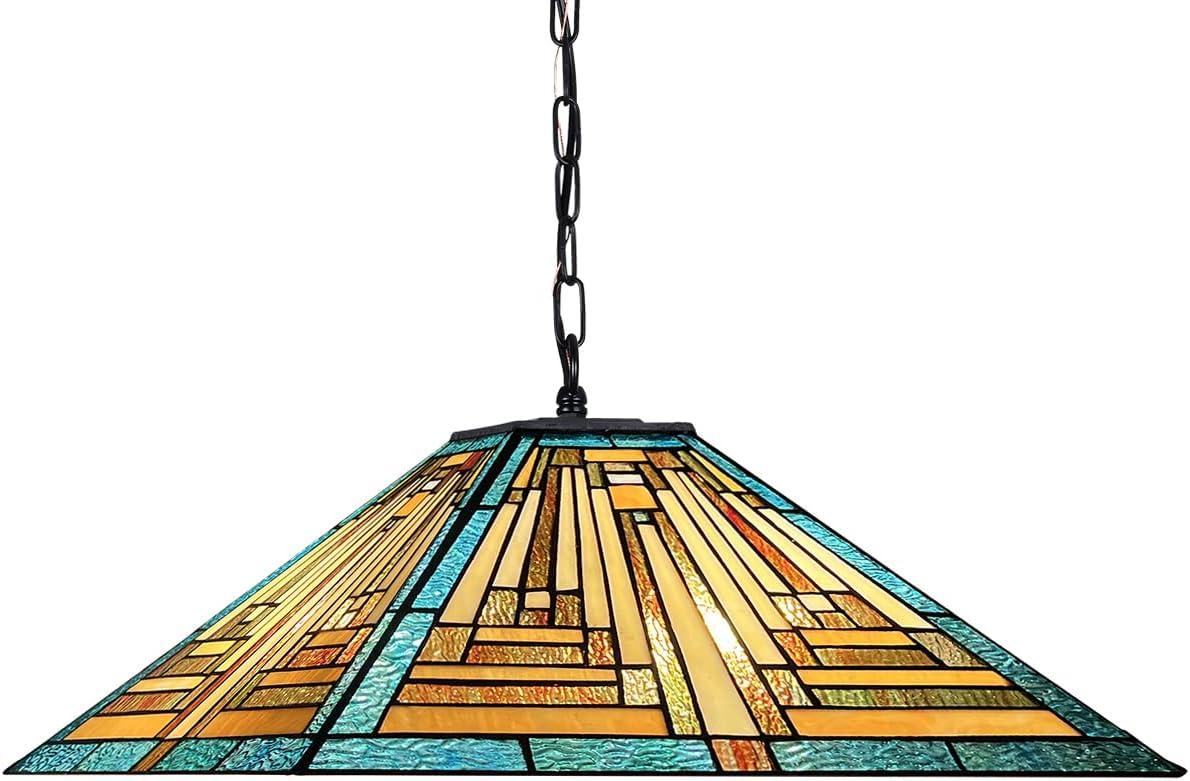 Tiffany Pendant Lights Fixtures 16 inch Green Mission Stained Glass Hanging Lamp 2 Lights Large Antique Style Ceiling Pendant Lighting for Kitchen Island Dining Room Bedroom