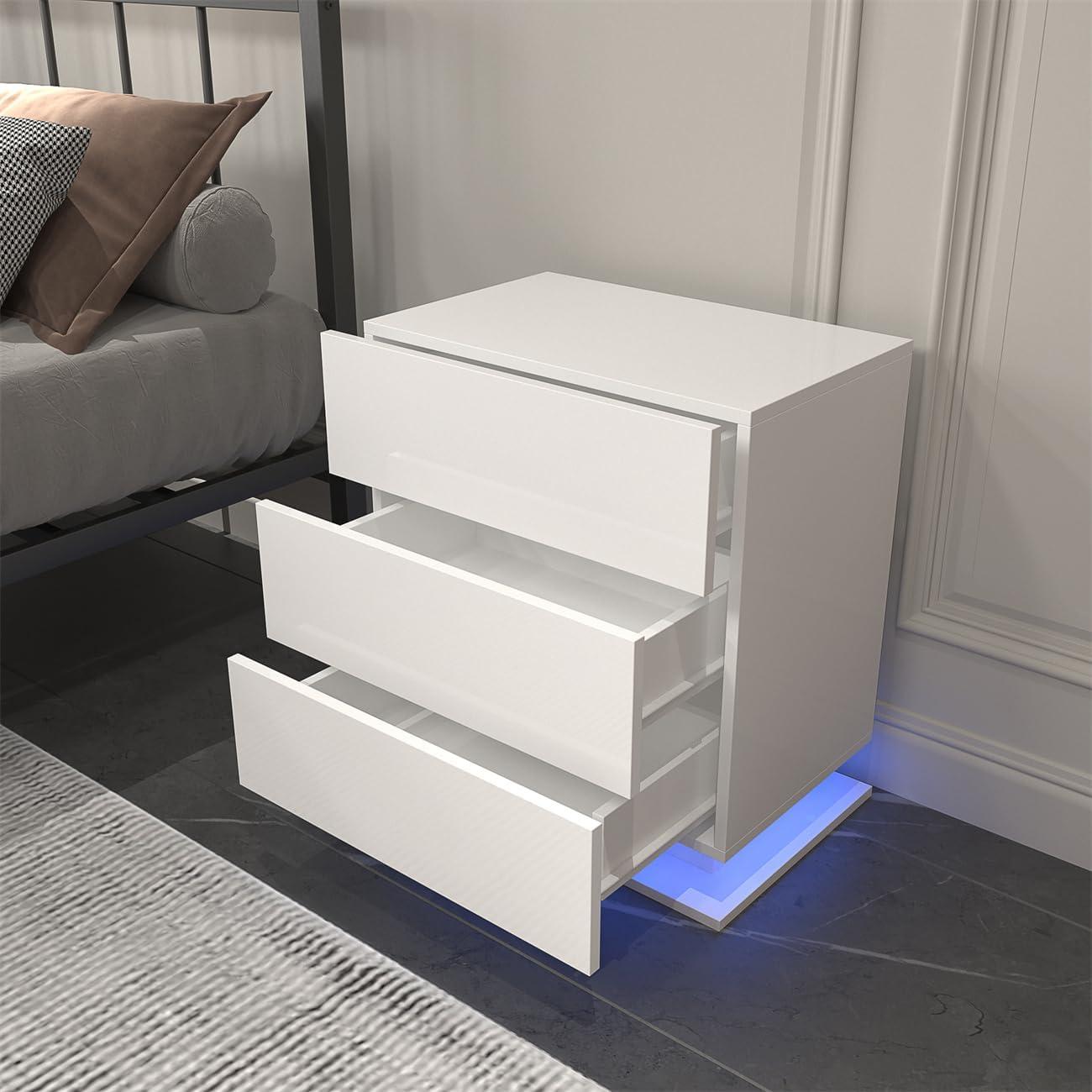 White High Gloss 3-Drawer Nightstand with LED Lights