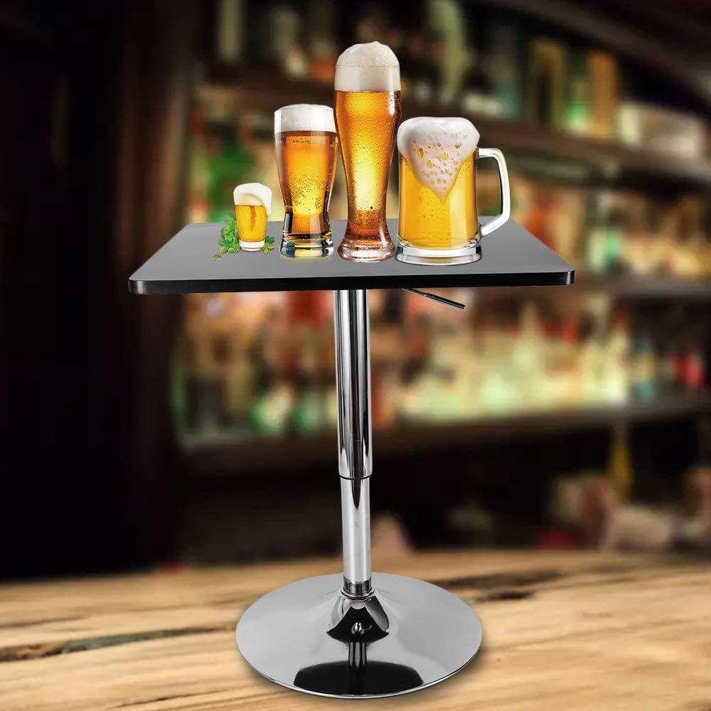 Square Bar Table, Modern Pub Table, 360° Swivel Cocktail Table, Adjustable Height with Black Top, Stainless Steel Leg and Base