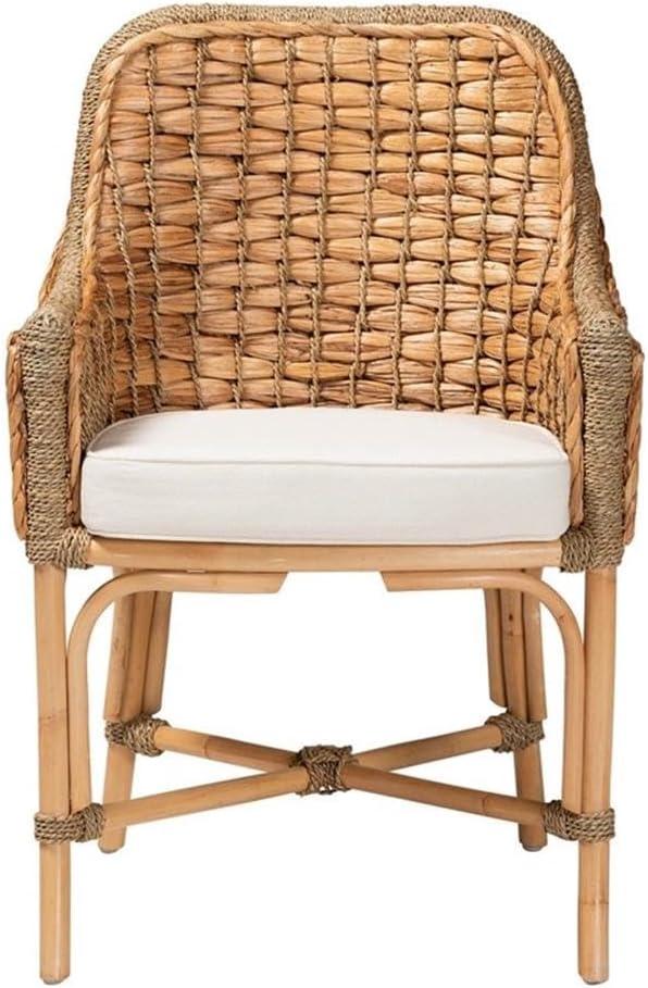 Baxton Studio Kyle Natural Brown Woven Rattan Dining Arm Chair with Cushion