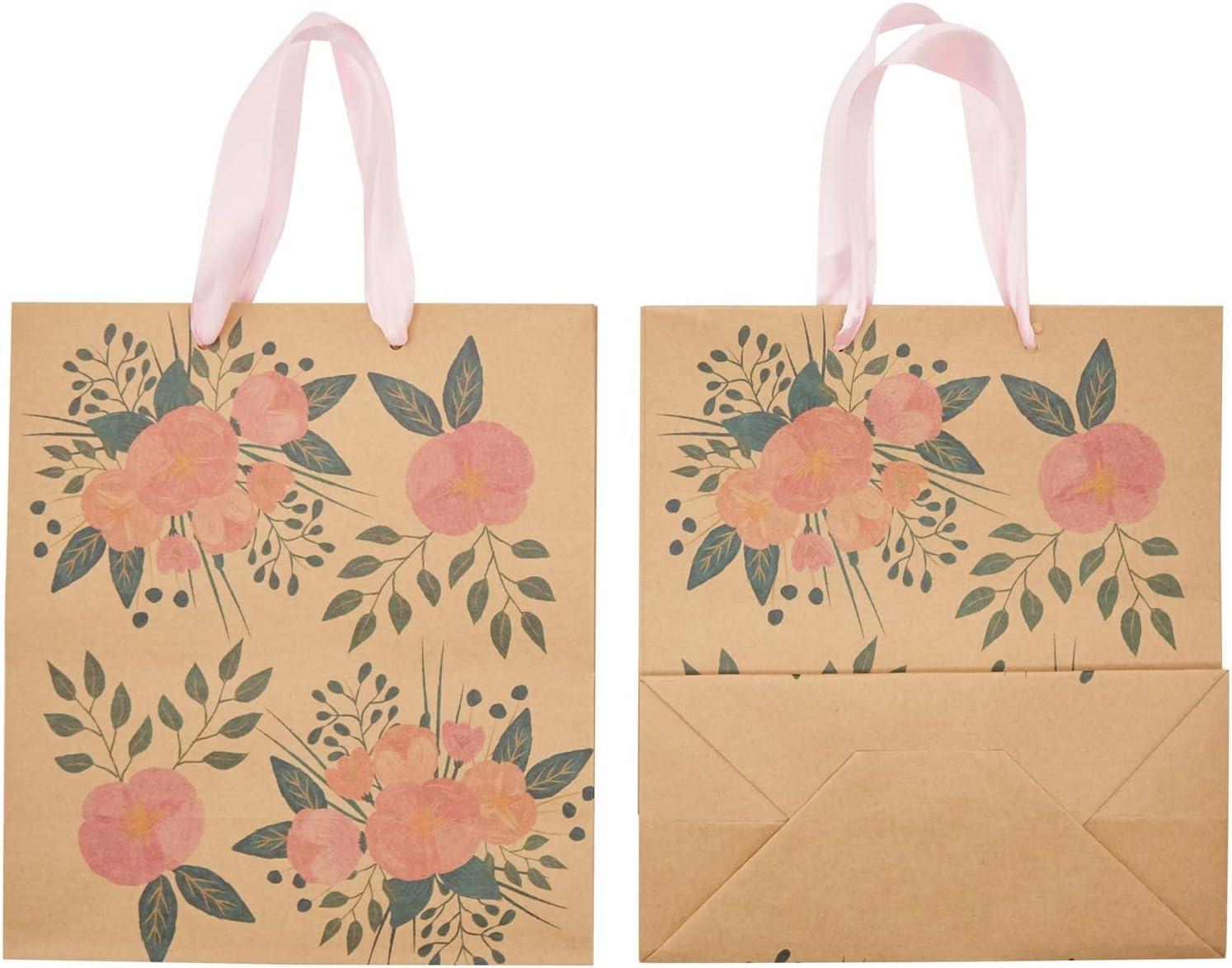 Juvale 24 Pack Kraft Paper Floral Gift Bags with Pink Ribbon Handles, 8x4x9 Inches, 2 Designs, For Themed Party Favors