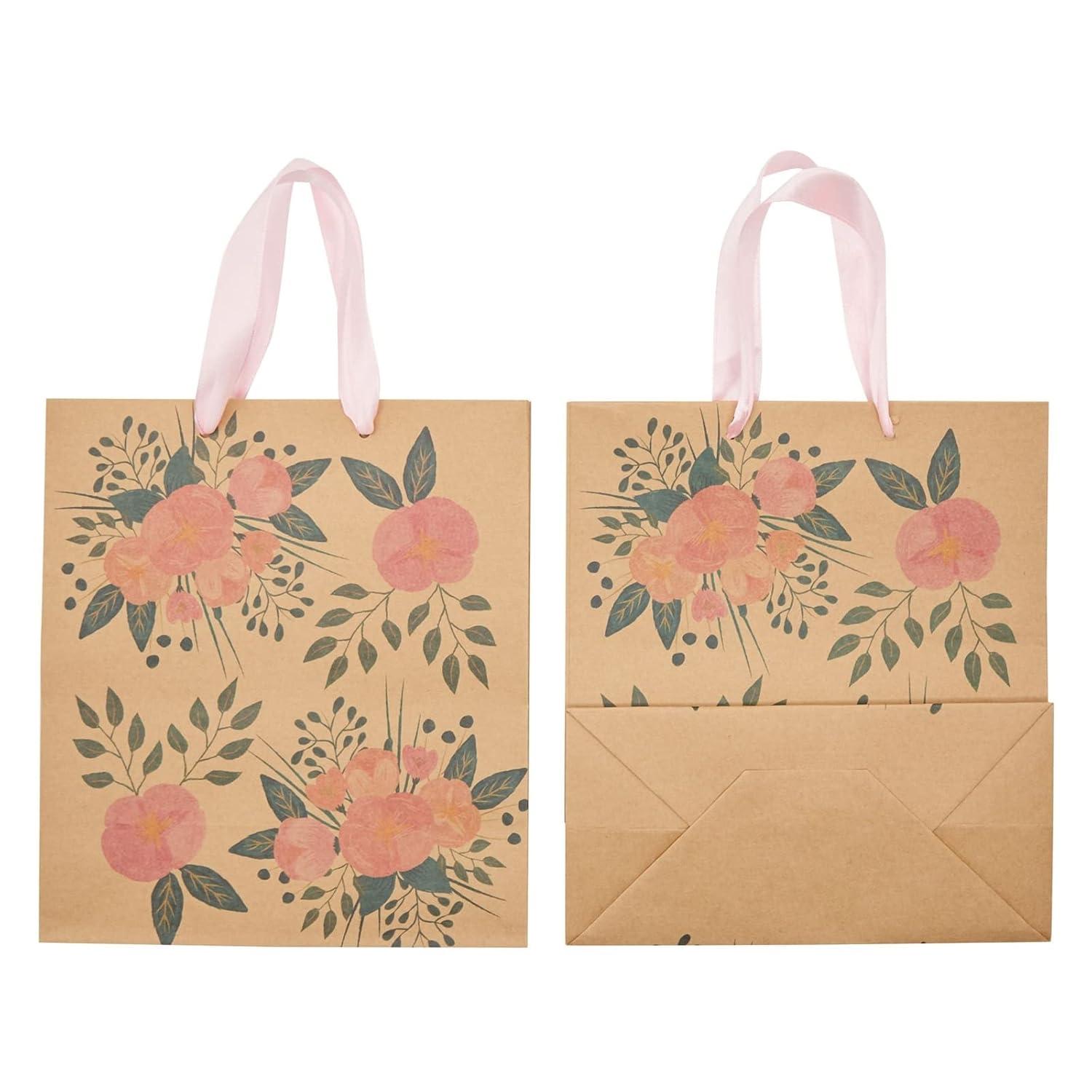 Juvale 24 Pack Kraft Paper Floral Gift Bags with Pink Ribbon Handles, 8x4x9 Inches, 2 Designs, For Themed Party Favors