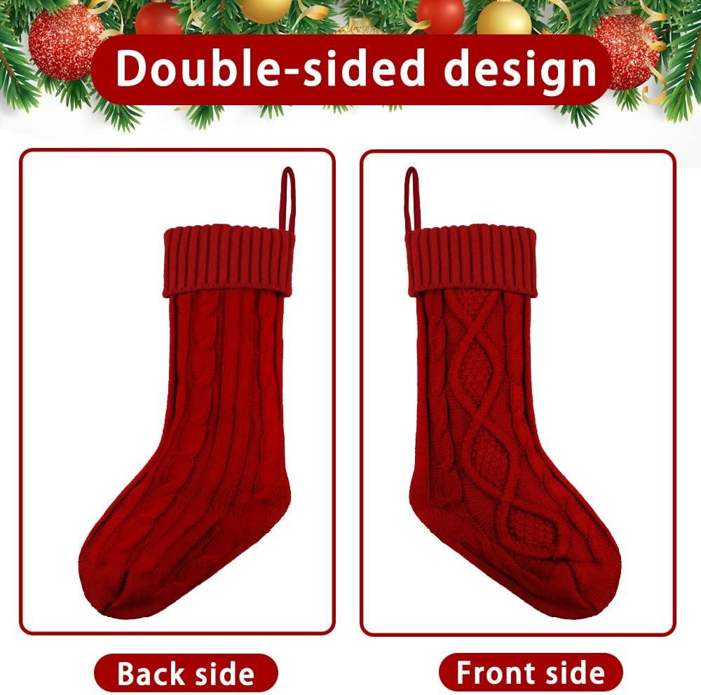 Set of 6 Red, White, and Green Cable Knit Christmas Stockings with Wooden Name Tags