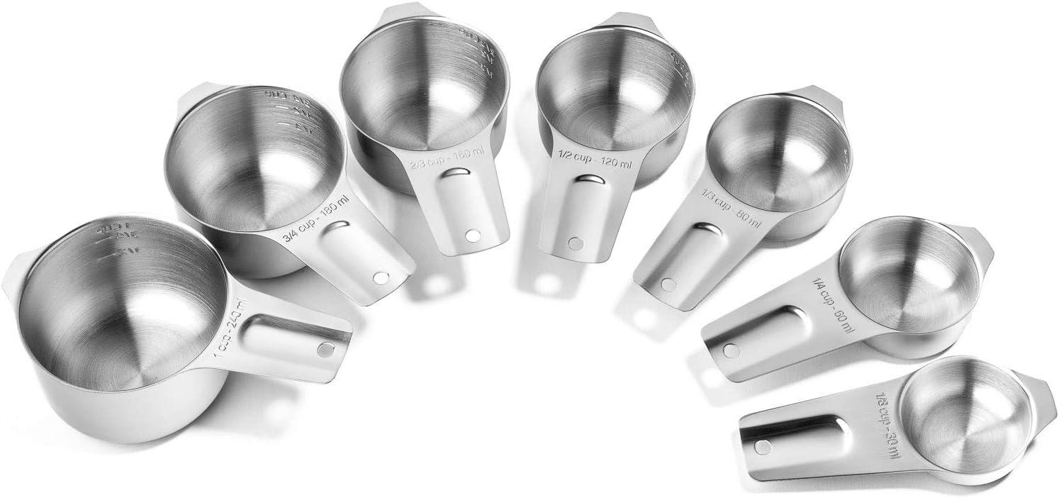 Last Confection 7-Piece Stainless Steel Measuring Cup Set - Includes 1/8 Cup Coffee Scoop - Measurements for Spices, Cooking & Baking Ingredients