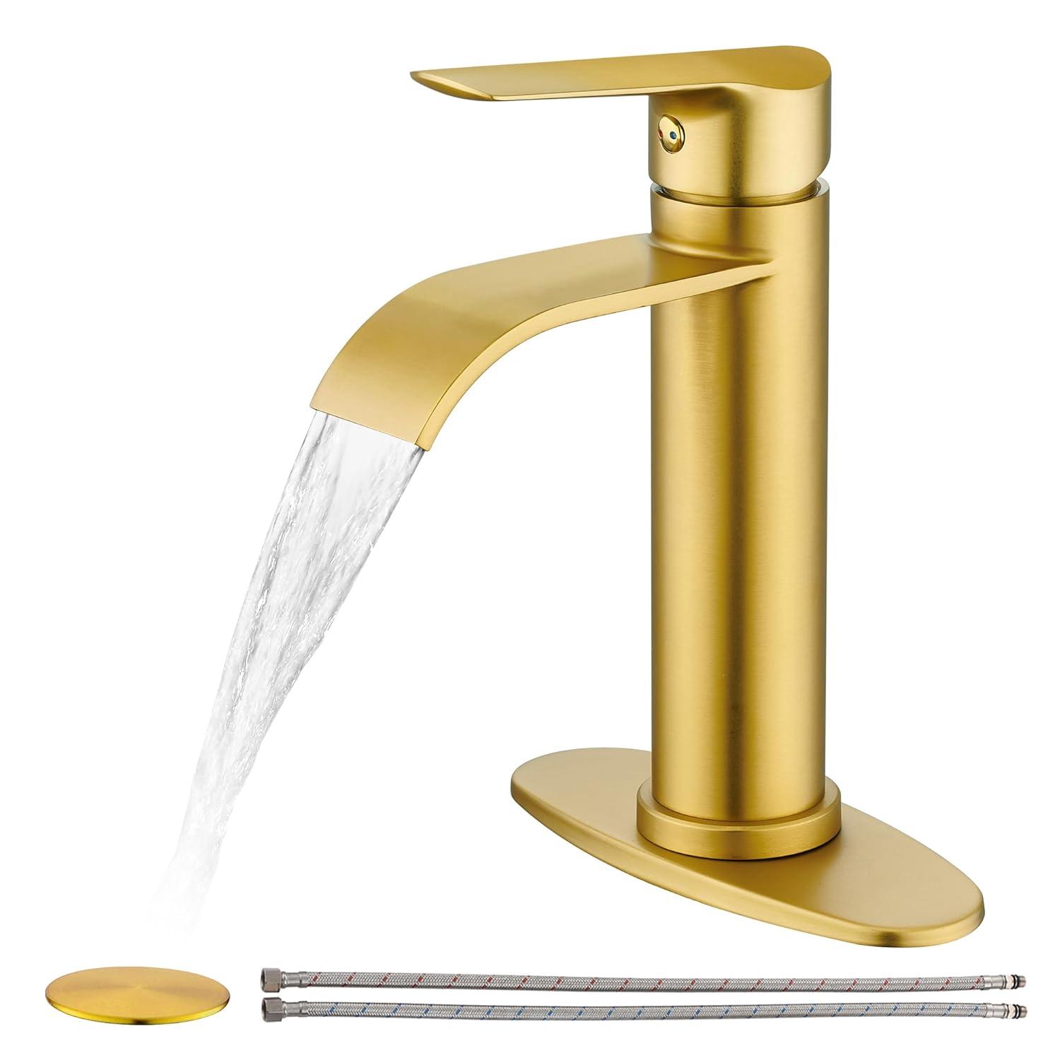 Gold Bathroom Faucets | Waterfall Single Hole Bathroom Sink Faucet with Deck Plate, 1 Hole Or 3 Hole for 4 Inch Brushed Gold Vanity Faucet with Pop-Up Drain Single Handle Lavatory Faucet