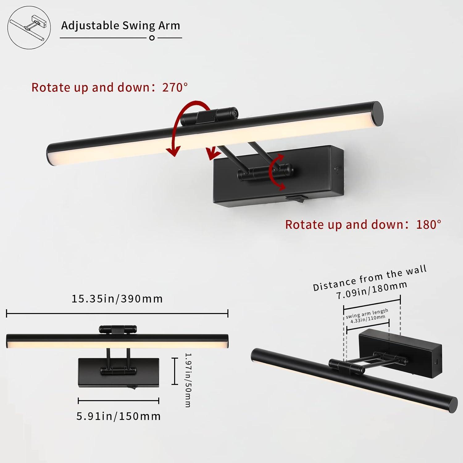 JUSHENG Dimmable Black Picture Light Battery Operated 16'' Inch, Rechargeable Gallery Light with Swing Arm and Timer Function, Full Metal Wireless Painting Lights for Display, Artwork, Canvas