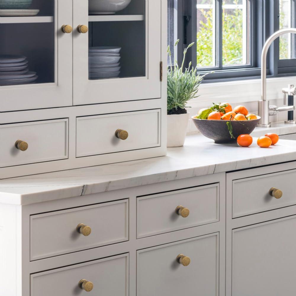 Set of 6 Antique Brass Drum Cabinet Knobs for Drawers, Heavy-Duty Solid Zinc Handles, 1" Diameter for Farmhouse & Modern Kitchen Hardware