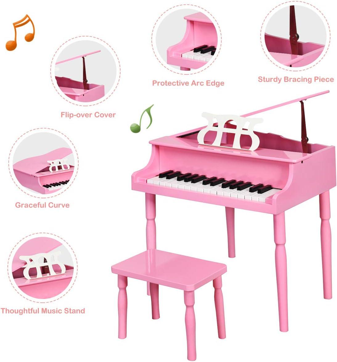 Costway 30-Key Classic Baby Grand Piano Toddler Toy Wood w/ Bench & Music Rack Pink
