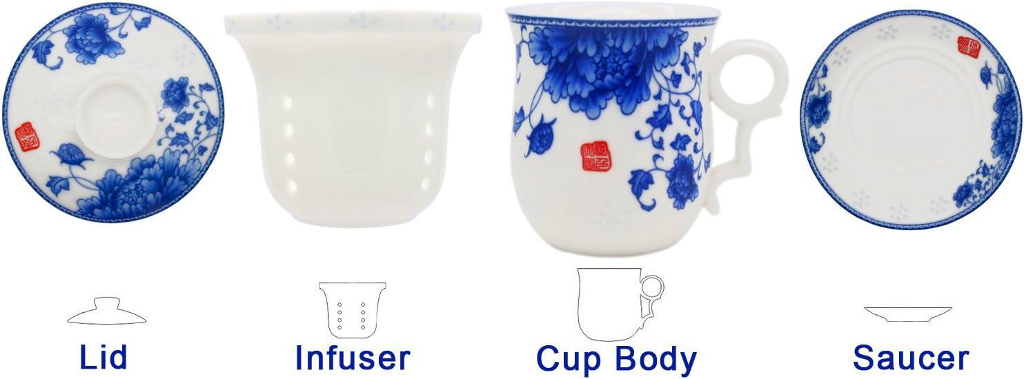Porcelain Tea Cup with Infuser Lid and Saucer Sets - Chinese Jingdezhen Ceramics Coffee Mug Teacup Loose Leaf Tea Brewing System for Home Office