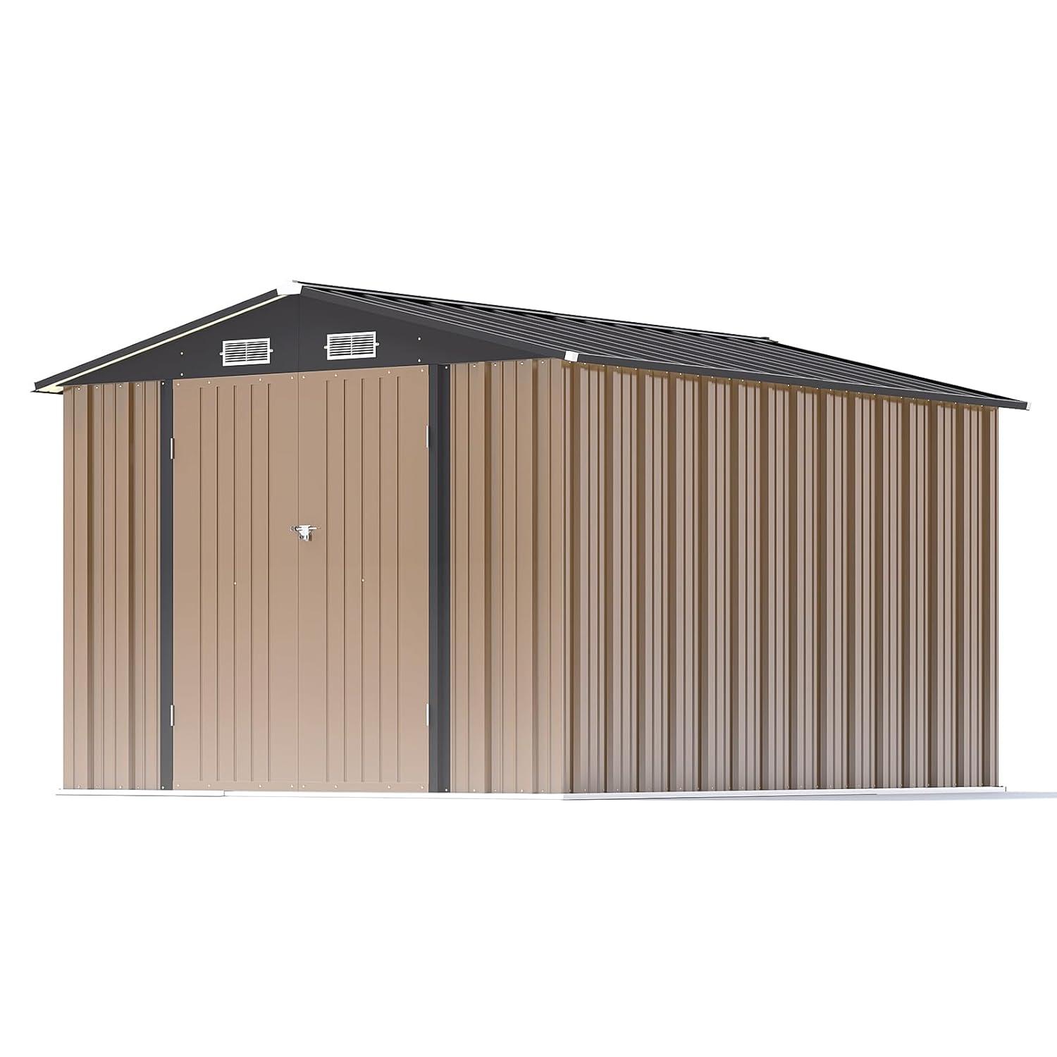 Patiowell 8' x 10' Outdoor Storage Shed, Large Garden Tool Metal Shed with Sloping Roof and Double Lockable Door, Outdoor Shed for Backyard Garden Patio Lawn, Brown
