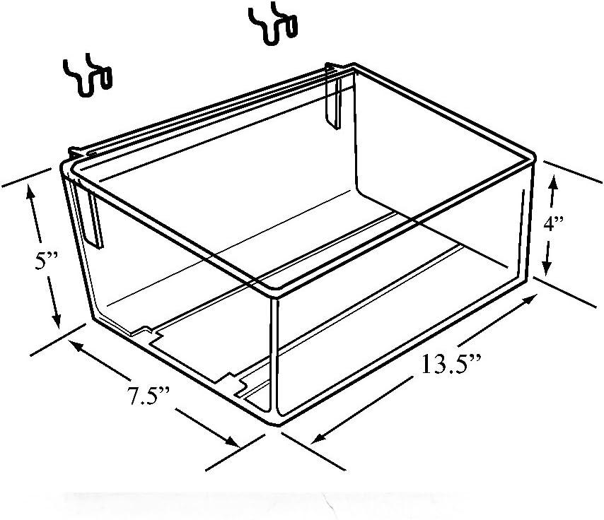 Clear 13.5” wide Open Bin Tray for Pegboard or Slatwall. Storage Container includes 2 Metal U-Hooks for hanging. Adjustable Slide In Dividers Sold Separately