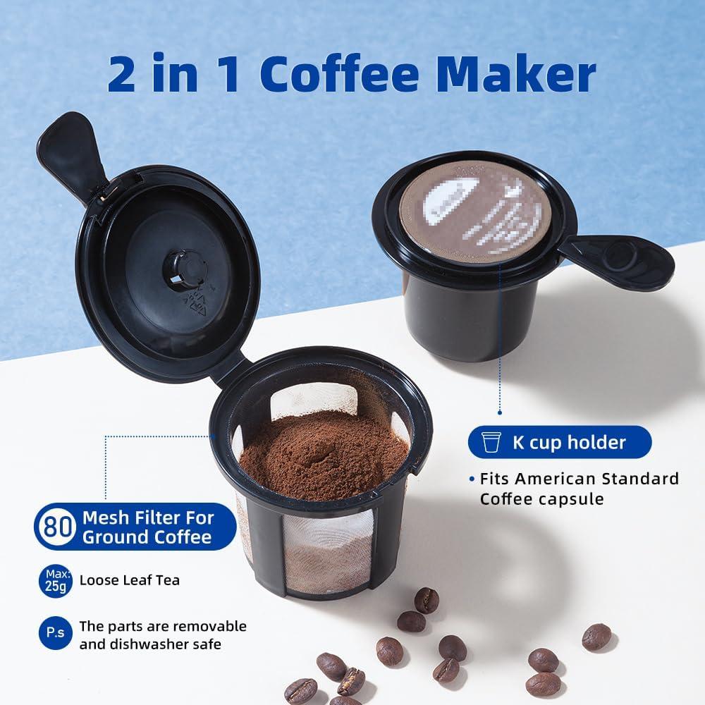 Single Serve Coffee Maker,2 in 1 One Cup Coffee Maker Compatible with K Cup Pods & Ground Coffee, Mini Single Cup Coffee Machine Auto Shut off with 6 to 14oz,Fits Travel Mug