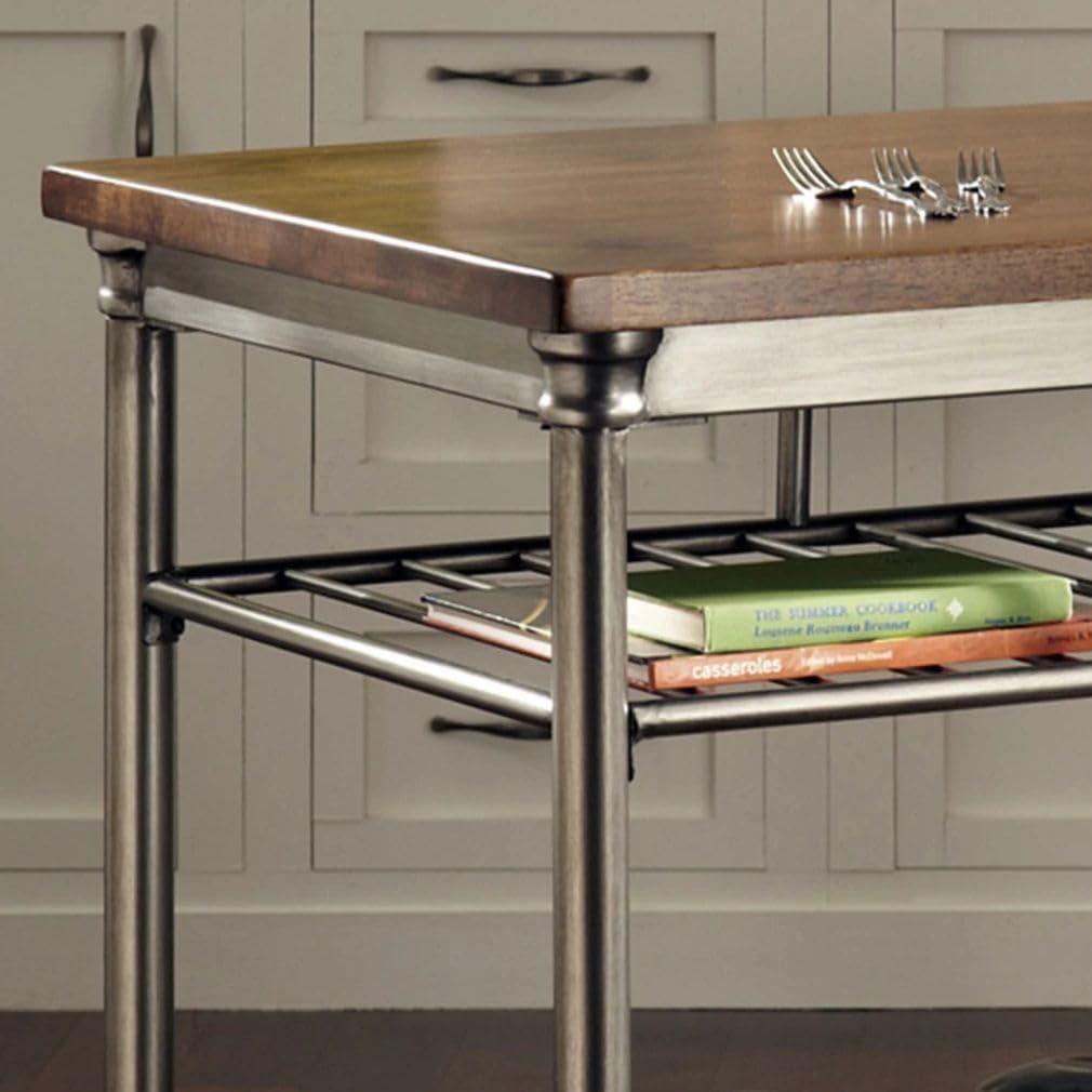 Orleans Kitchen Island: Homestyles Metal Frame, Wood Surface, 2 Shelves Storage Cart - Brown