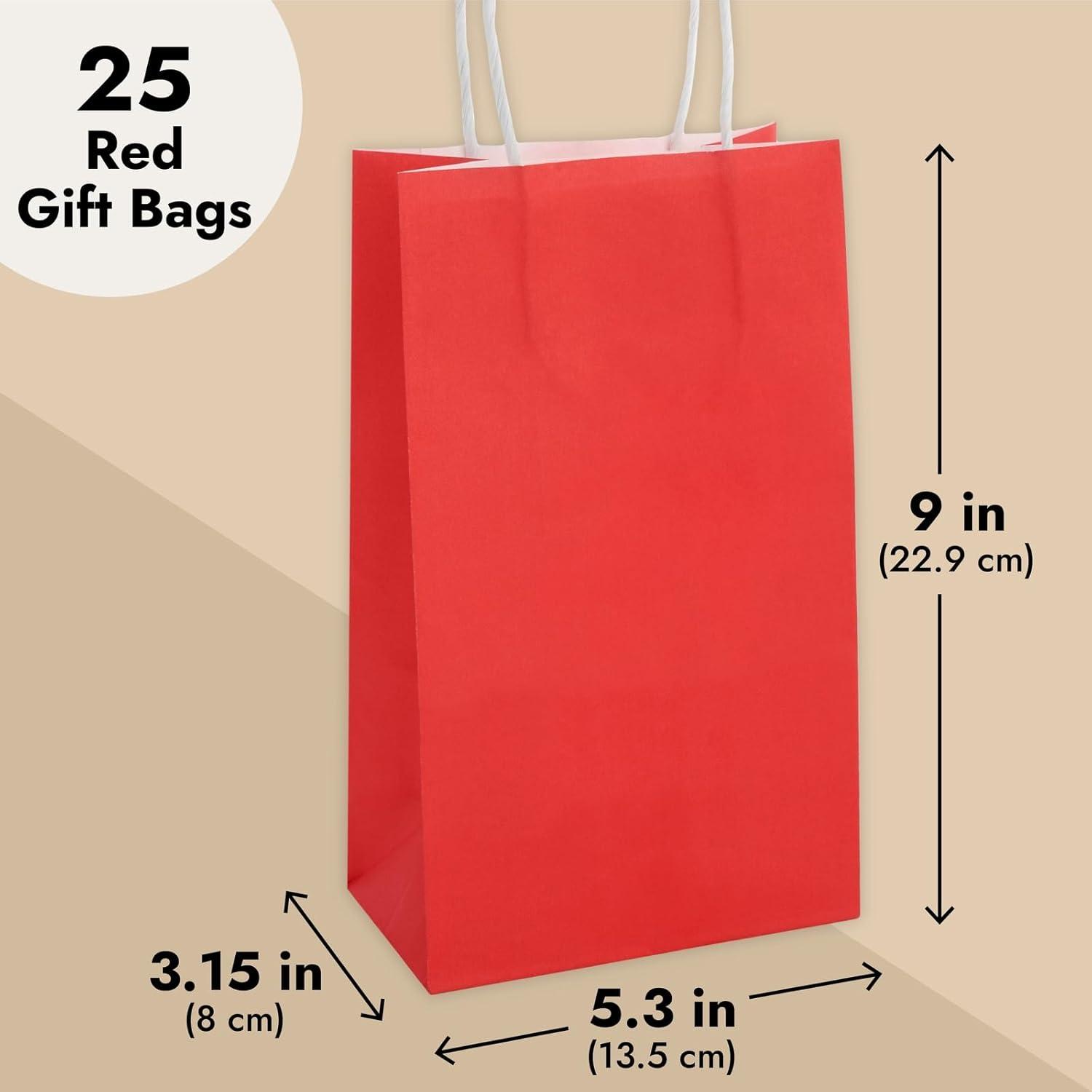 Blue Panda 25-Pack Red Gift Bags with Handles - Small Paper Treat Bags for Birthday, Wedding, Retail (5.3x3.2x9 In)