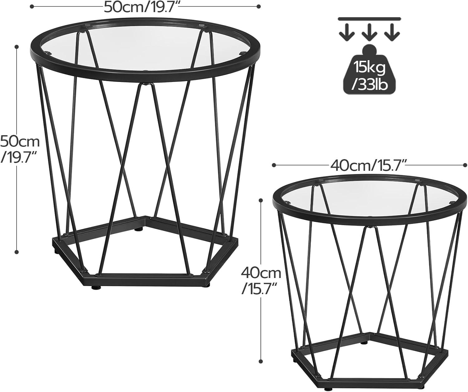 Small Coffee Table Set of 2, Round Coffee End Table with Metal Frame, Glass Top, Black Side Table for Living Room, Bedroom and Balcony, Modern Style, Black