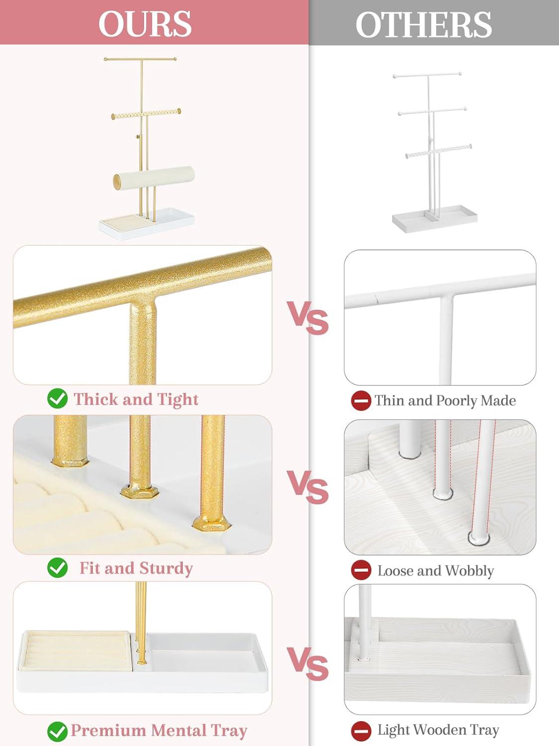 Jenseits Jewelry Organizer Stand Necklace Holder Organizer, 3-Tier Earrings Organizer w/Bracelet Storage Display & Velvet Ring Tray, Cute Metal Aesthetic Jewelry Tower Rack for Women Girls - Gold C47