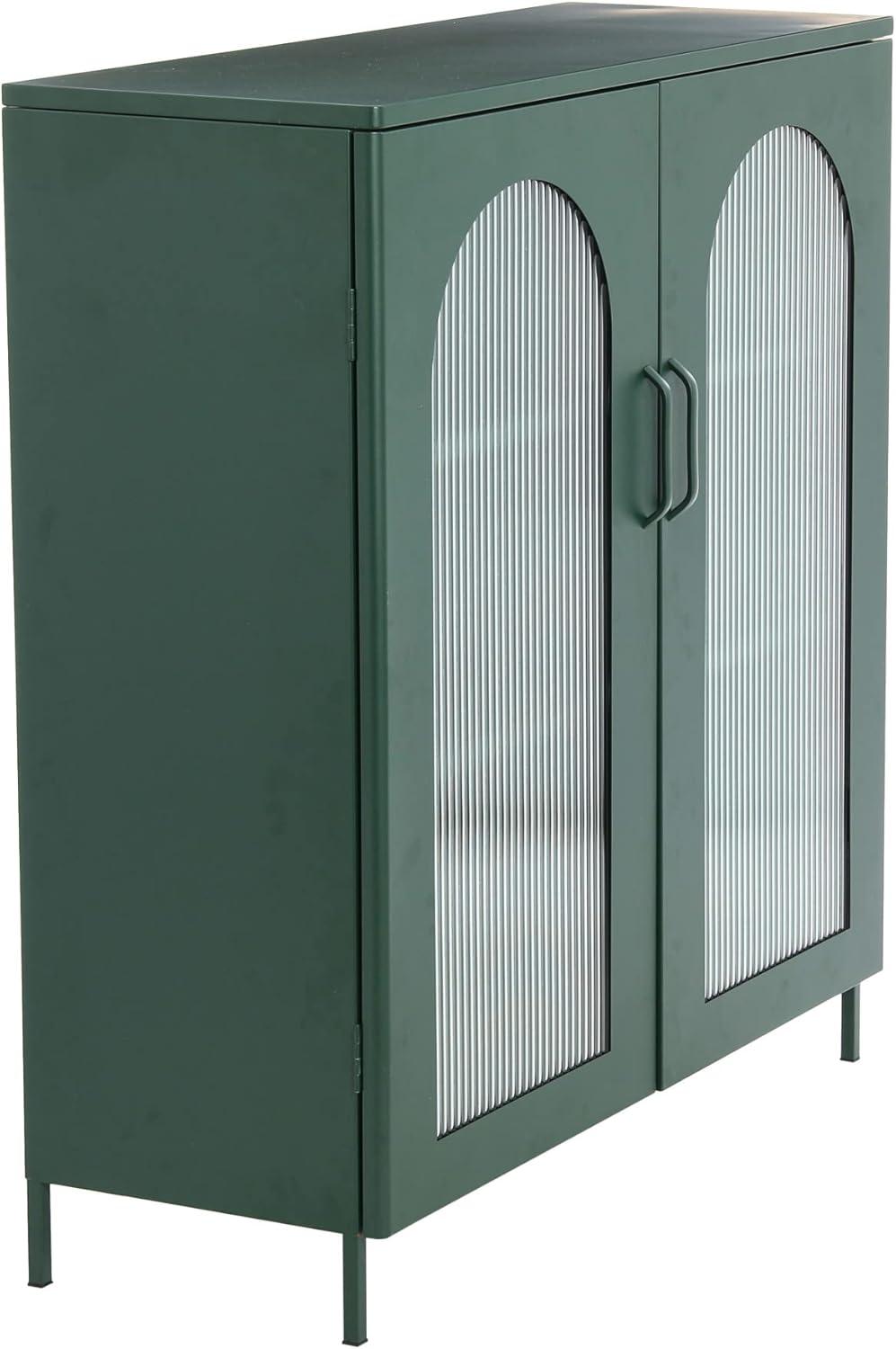 Creative Co-Op Solstice Wide Metal Accent Cabinet with 2 Adjustable Storage Shelves and Arched Glass Door, Dark Green