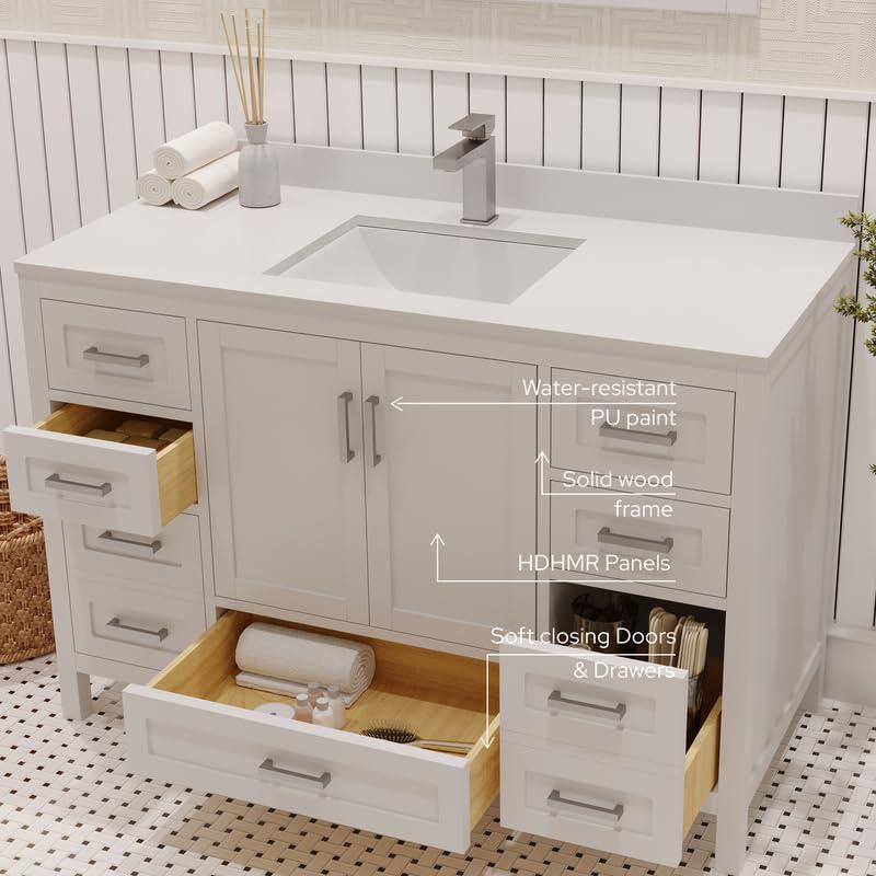 Ayna Decors Rooh 24 in White Bathroom Vanity Set with White Quartz Countertop | Ceramic Sink | 2 Soft Closing Doors | 1 Full Extention Soft Close Drawer | Brushed Nickel Hardware | AVR24WH3002