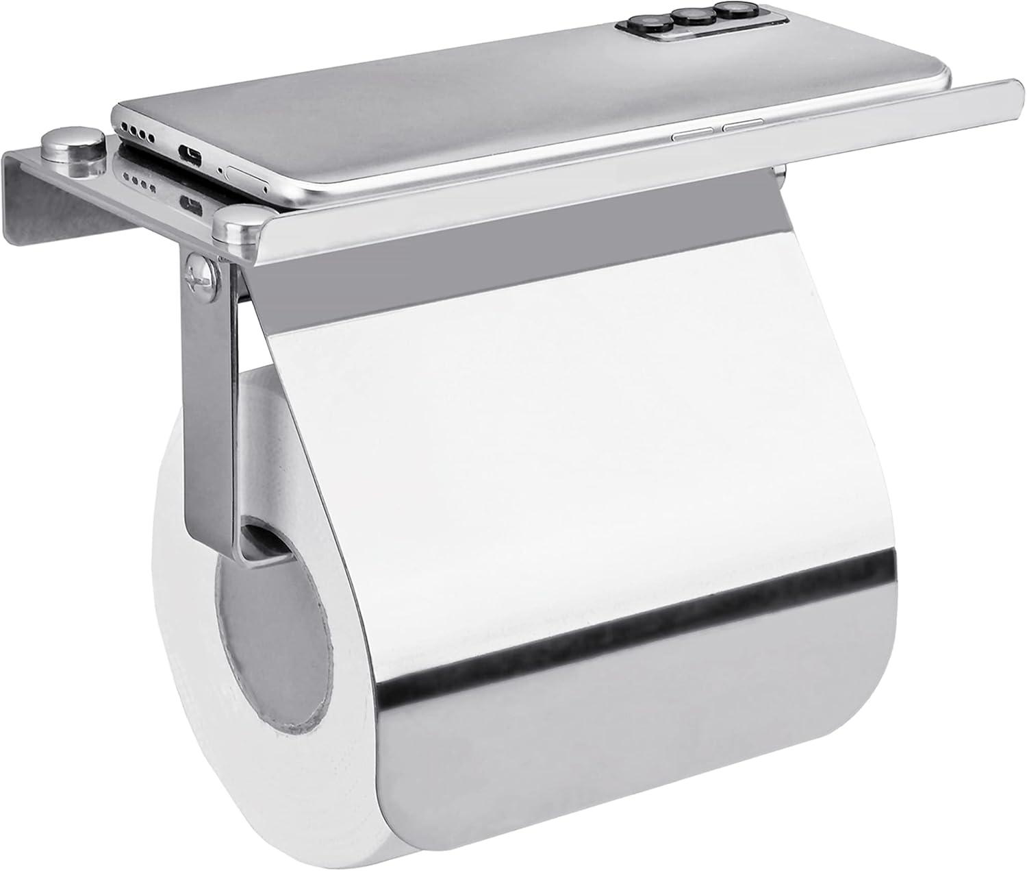 Polished Chrome Stainless Steel Toilet Paper Holder with Phone Shelf