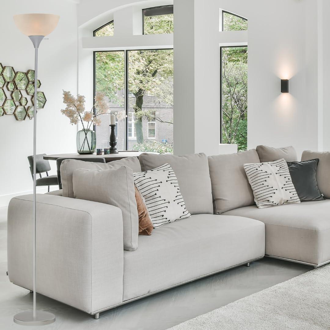 LIGHTACCENTS Stand Up Floor Lamp in Silver- Modern Corner Light with White Opal Bowl Shade - Susan Design, Ideal for Living Room or Office, 72" Tall, 150-watt - Chic Living Room Floor Lamp Silver