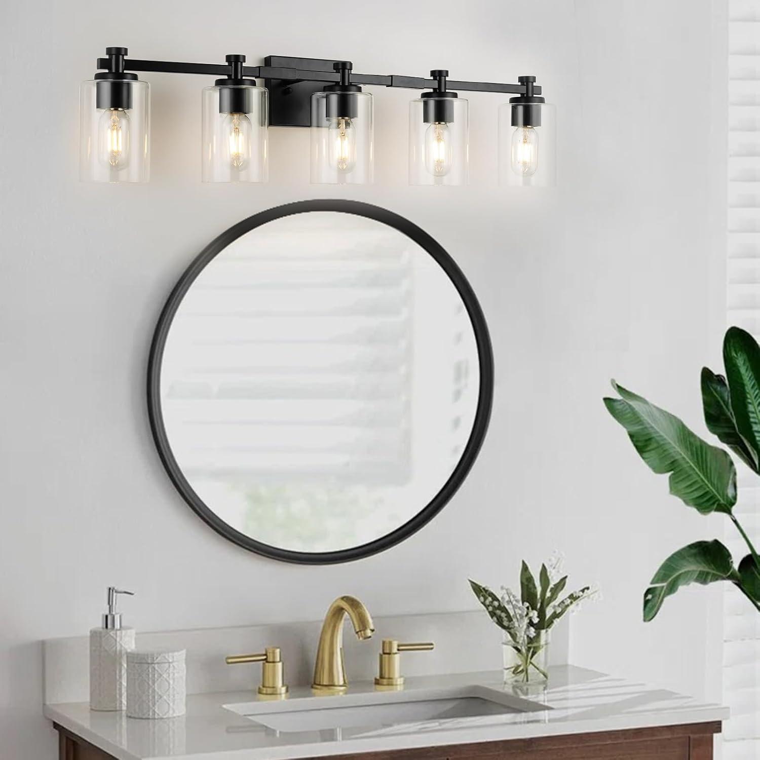 Matte Black 5-Light Bathroom Vanity Fixture with Glass Shades