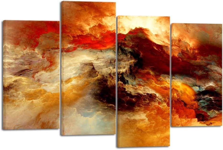 Pyradecor Large Canvas Prints Wall Art Colorful Clouds Landscape Pictures Paintings for Living Room Bedroom Home Decorations 4 Piece Modern Orange Abstract Stretched Artwork