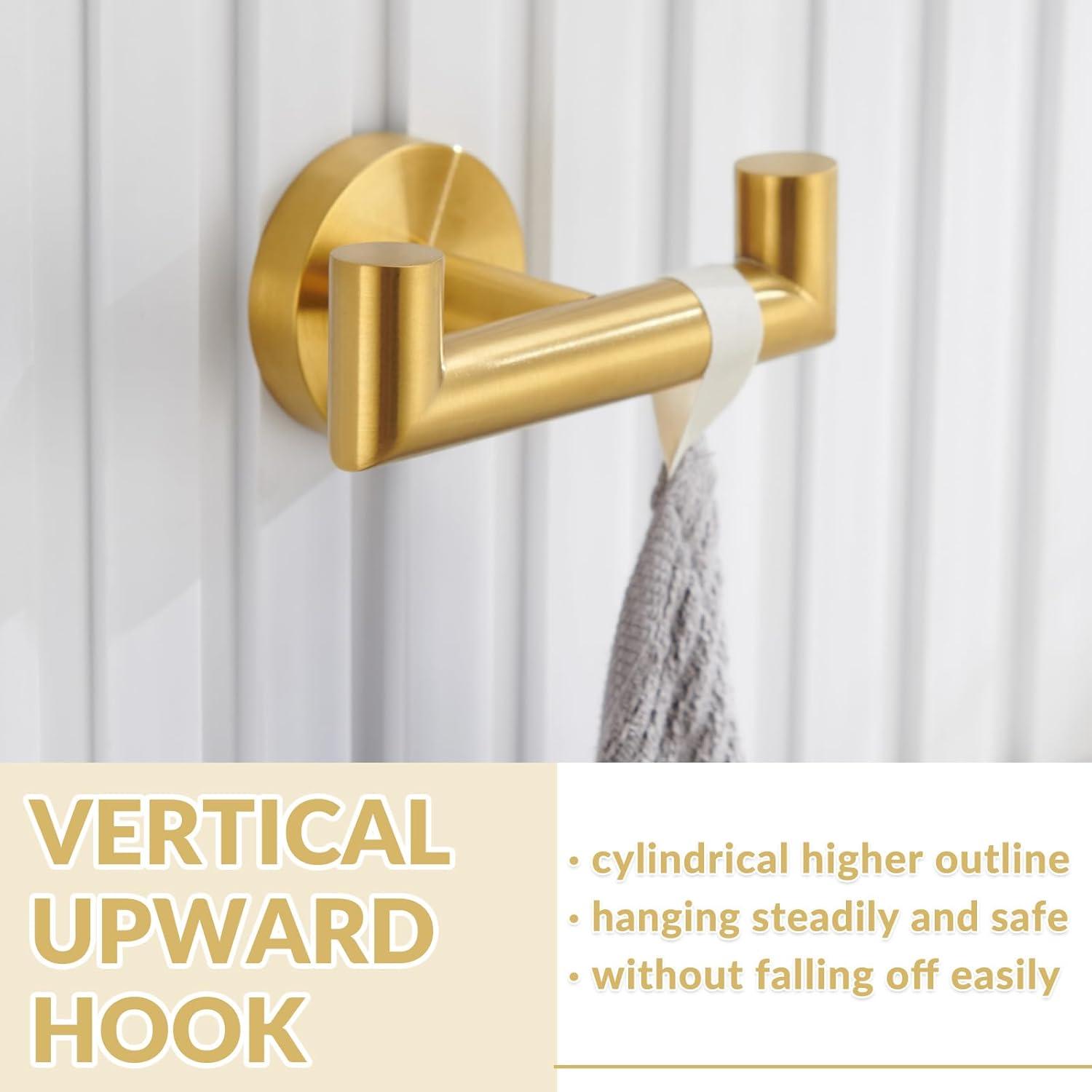 Simple Bathroom Double Hook Brushed Gold, Sus304 Stainless Steel Bath Towel Holder, Double Robe Hanger Wall Mount