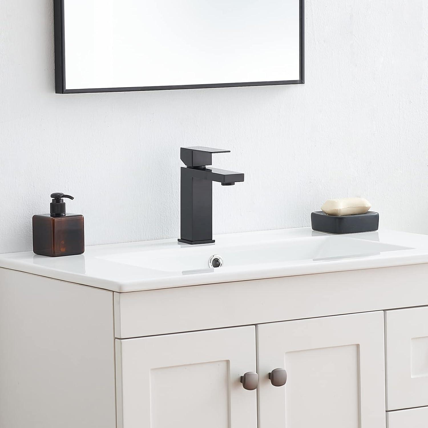 Matte Black Single Handle Bathroom Sink Faucet, Stainless Steel Bathroom Faucet with cUPC Certified Water Supply Hoses, Commercial Vanity Faucet Modern Single Hole RV Bathroom Faucets