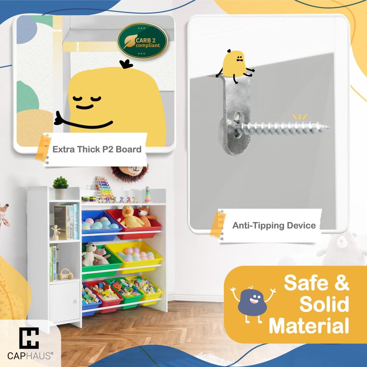 Sturdis Toy Storage Organizer with Bookshelf, Kids Playroom Organization Shelving Unit with Removable Colorful Storage Bins & Anti-Tip Bracket, White