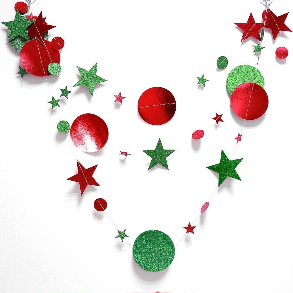 Festive Red and Green Glitter Star Circle Garland Banner, 4 Meters