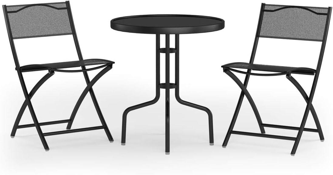 Black Metal and Glass 3-Piece Bistro Set with Folding Chairs