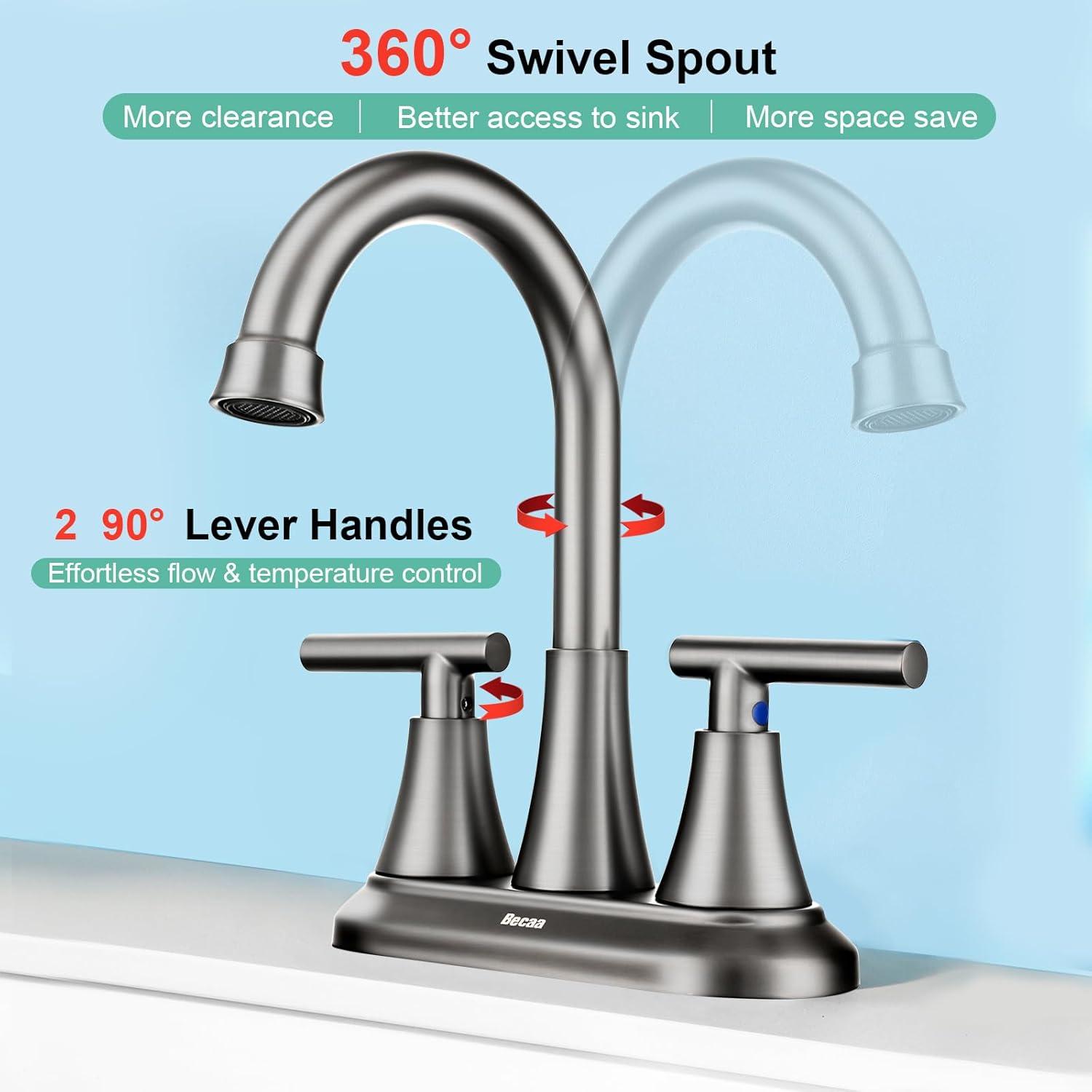 4 Inch Bathroom Faucets for Sink 3 Hole, Faucet for Bathroom Sink with Pop-up Drain & Supply Hoses, 2-Handle 360 Swivel Spout Stainless Steel Lead-Free, Centerset Faucet for Vanity Lavatory
