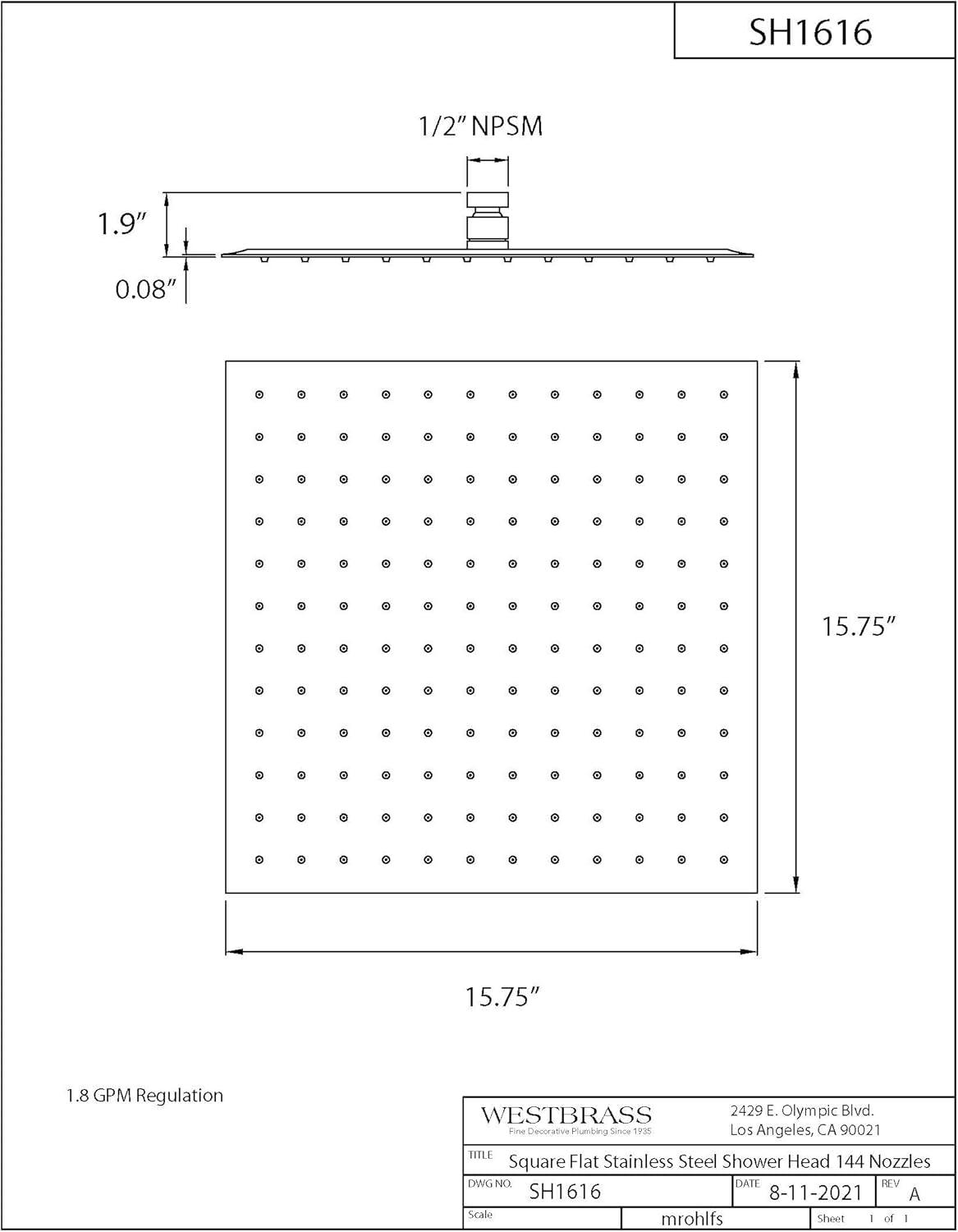 16" Satin Nickel Square Rainfall Shower Head