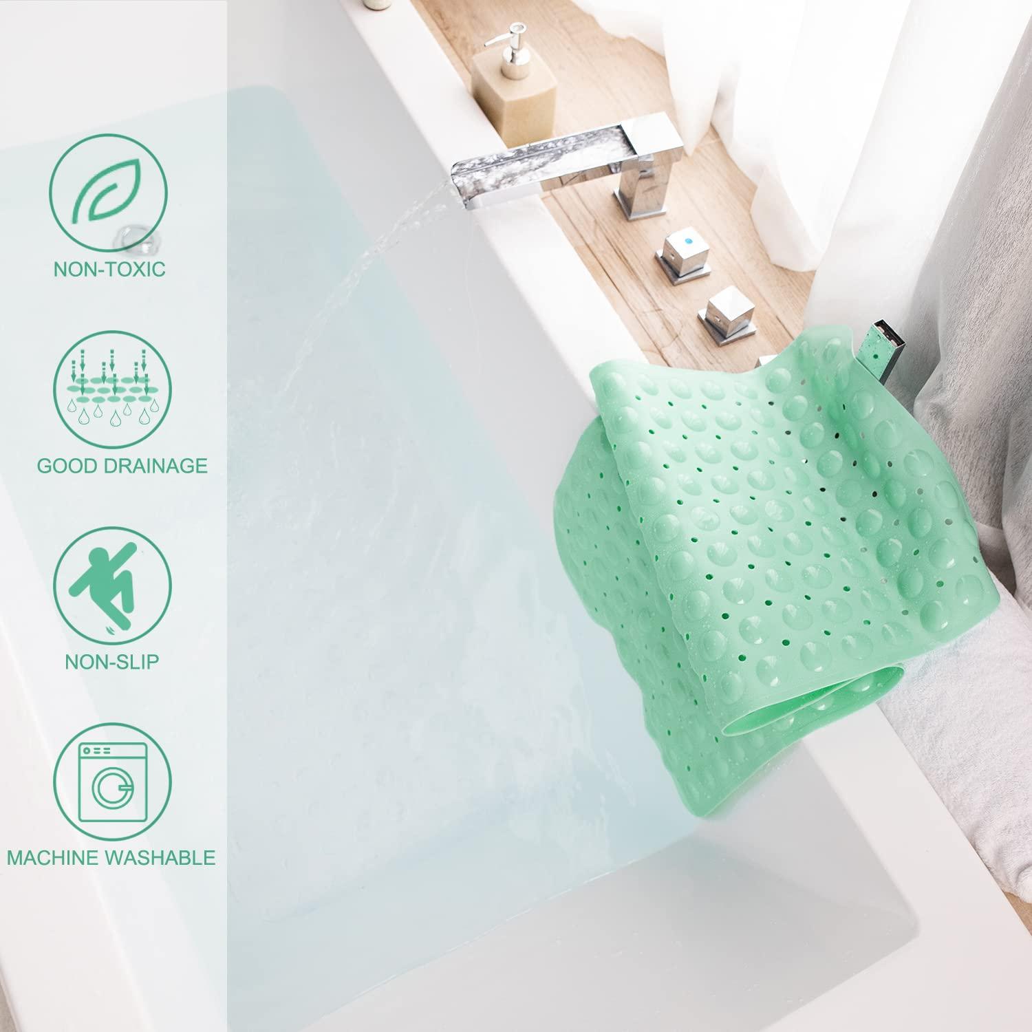 Bathtub and Shower Mats, Extra Long Non-Slip Bath Mat 39 x 16 Inch, Machine Washable Bath Tub Mat with Suction Cups & Drain Holes for Bathroom, Pale Green