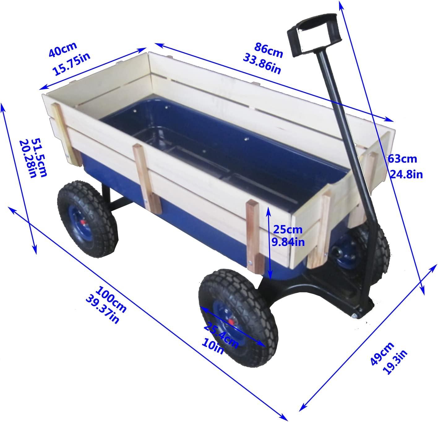 Blue Steel and Wood All Terrain Garden Wagon with Air Tires