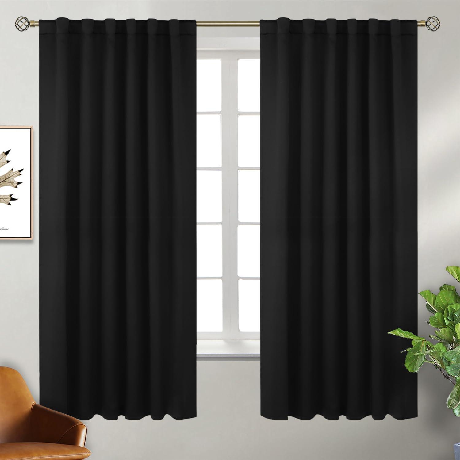 Coodeto Short Blackout Curtains Black, Set of 2, W52 x L63 - Blackout Curtains for Kitchen and Kids Bedroom