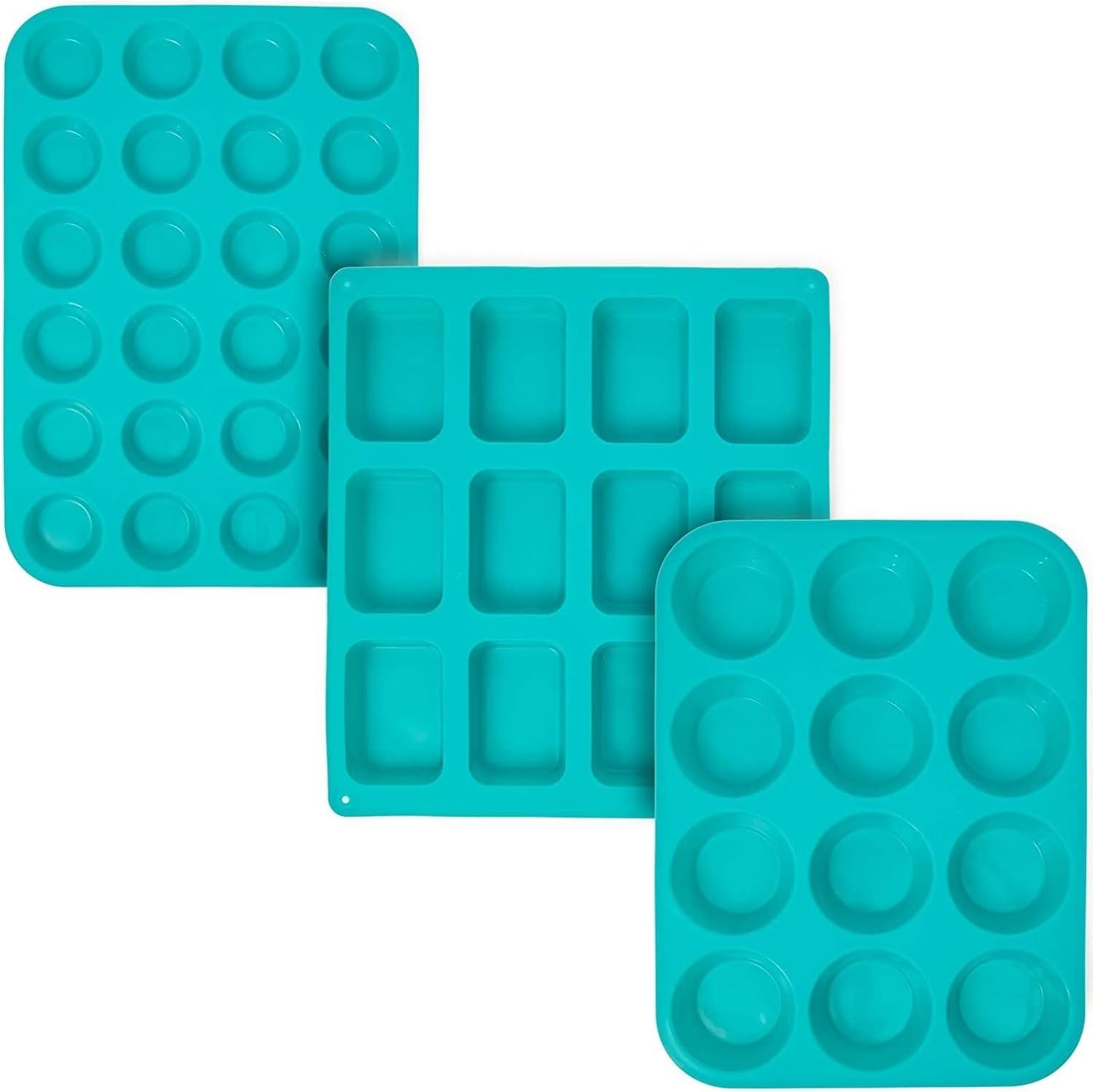 Silicone Baking Set, Mini Cake Trays (Teal, 3 Sizes, 3-Pack)