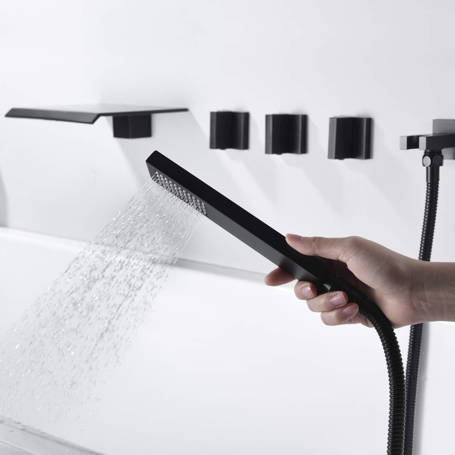 SUMERAIN Wall Mount Waterfall Tub Filler Faucet with Hand Shower and High Flow Spout, Matte Black