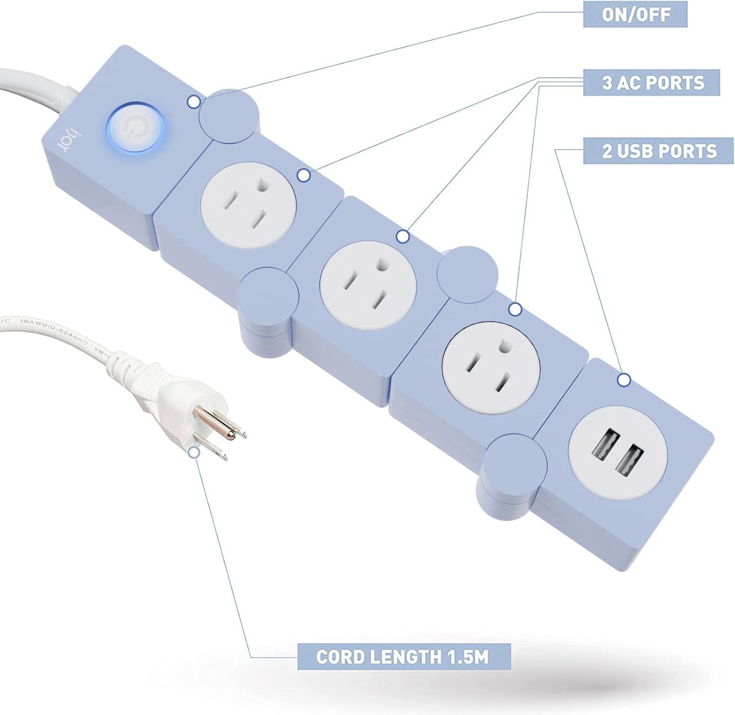 iJoy Power Strip  Surge Protector Outlet, Extension Cord, 3 Outlets, 2 USB Ports, 5Ft Cord (Blue)