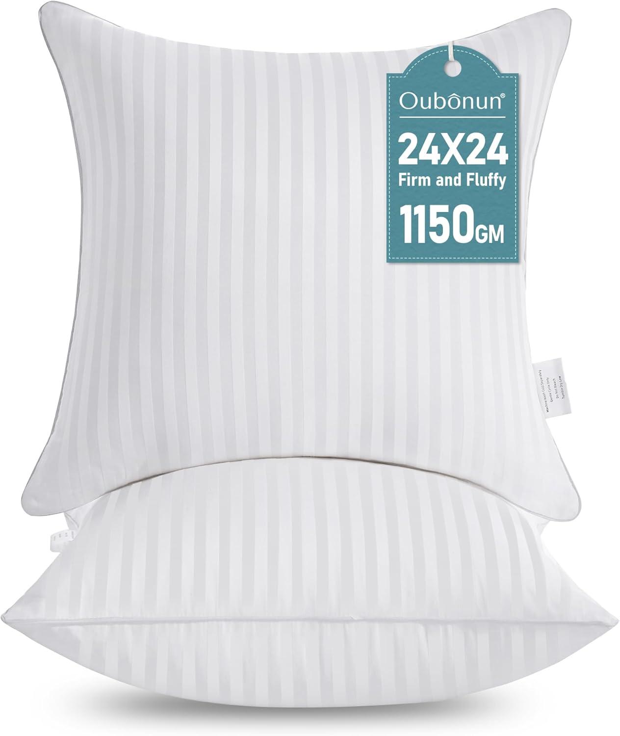 Oubonun 24 x 24 Throw Pillow Inserts, Firm and Fluffy Decorative Square Pillows for Couch Bed Sofa with Soft Cotton Cover White Cushion with Down Alternative Pack of 2