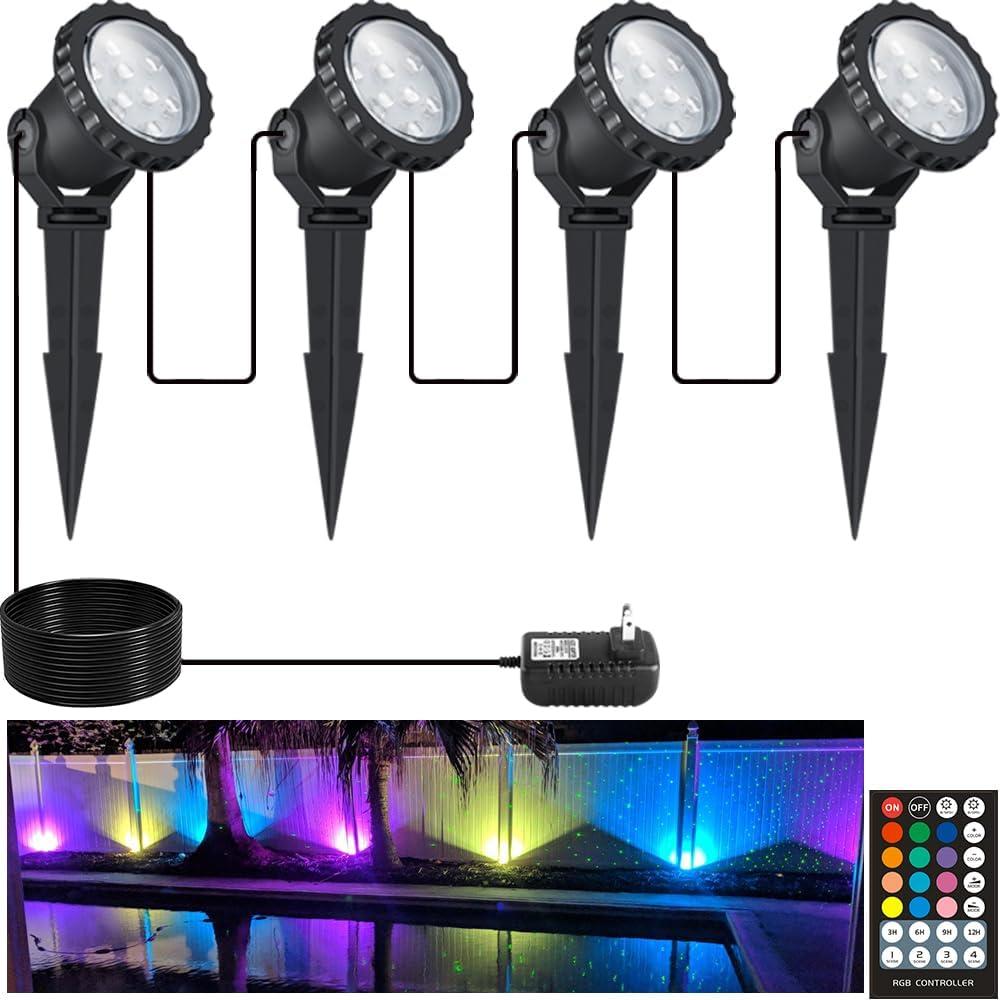 12W Black RGB LED Pathway Spotlights with Remote, 4 Pack