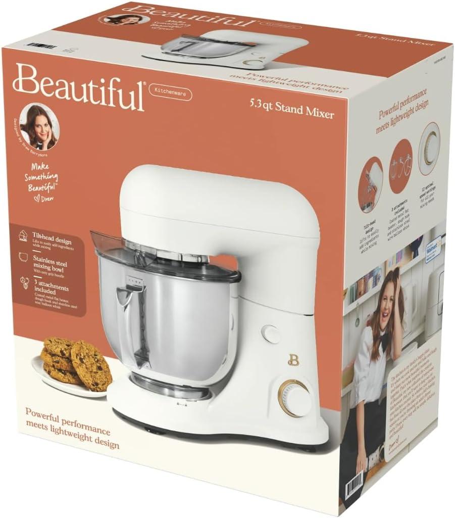 Beautiful 5.3 Qt Stand Mixer, White Icing with Flat Beater, Dough Hook, Balloon Whisk
