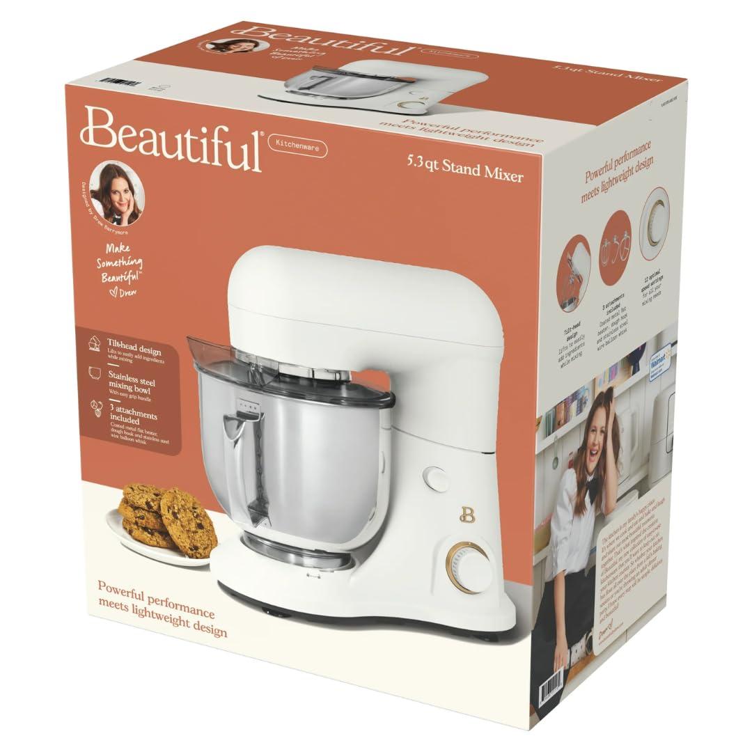 Beautiful 5.3 Qt Stand Mixer, White Icing with Flat Beater, Dough Hook, Balloon Whisk