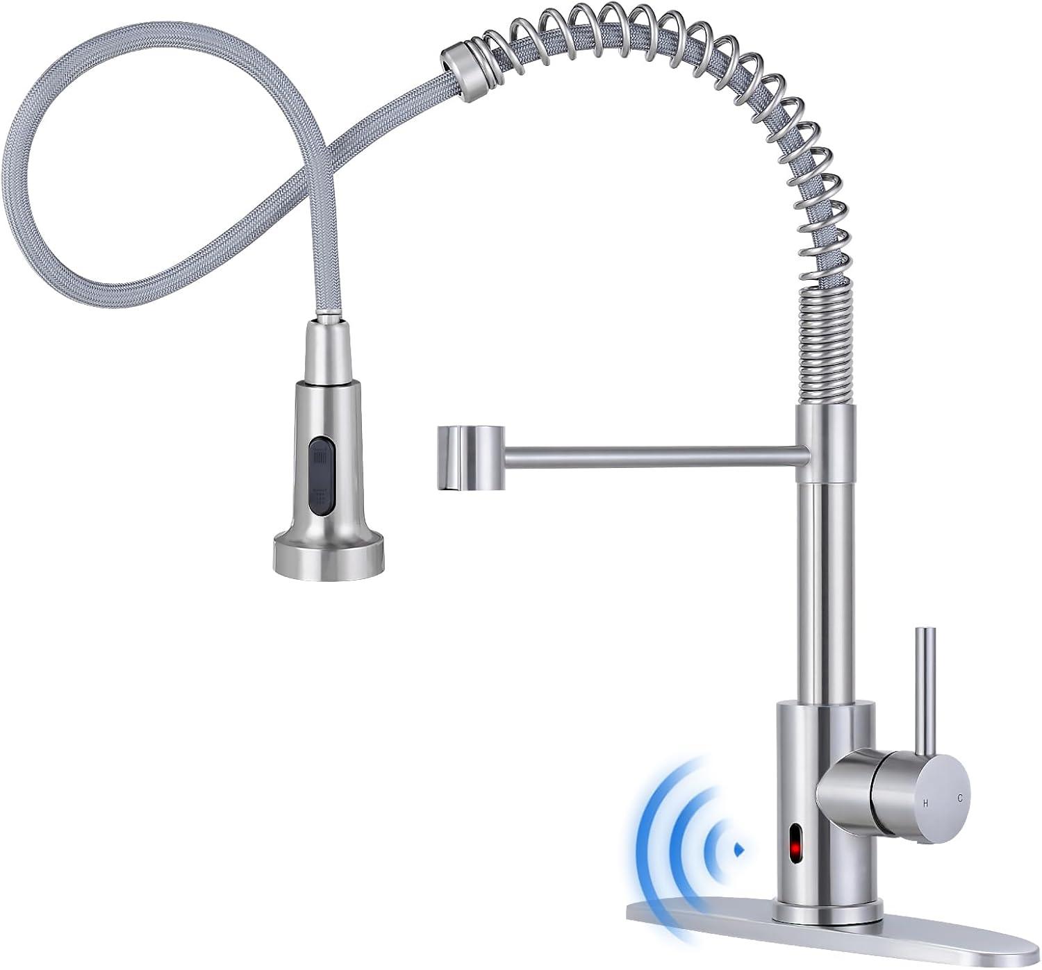 Coliware Kitchen Sink Faucet Brushed Nickel with Pull Down Sprayer, Stainless Steel Spring Kitchen High Arc Commercial Faucets with Deck Plate 1 or 3 Hole