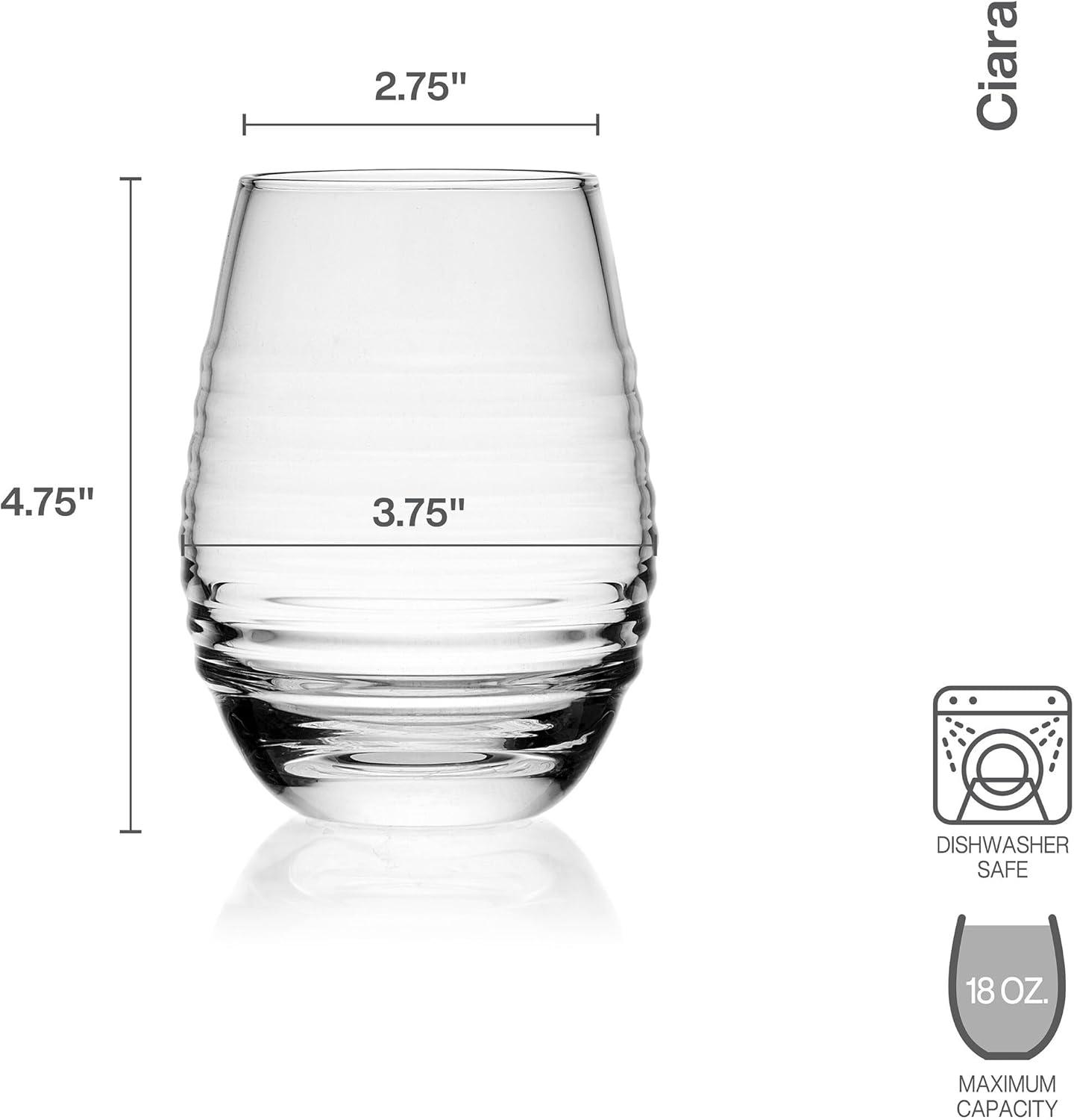 Ciara 18 oz Clear Ribbed Stemless Wine Glasses Set of 4