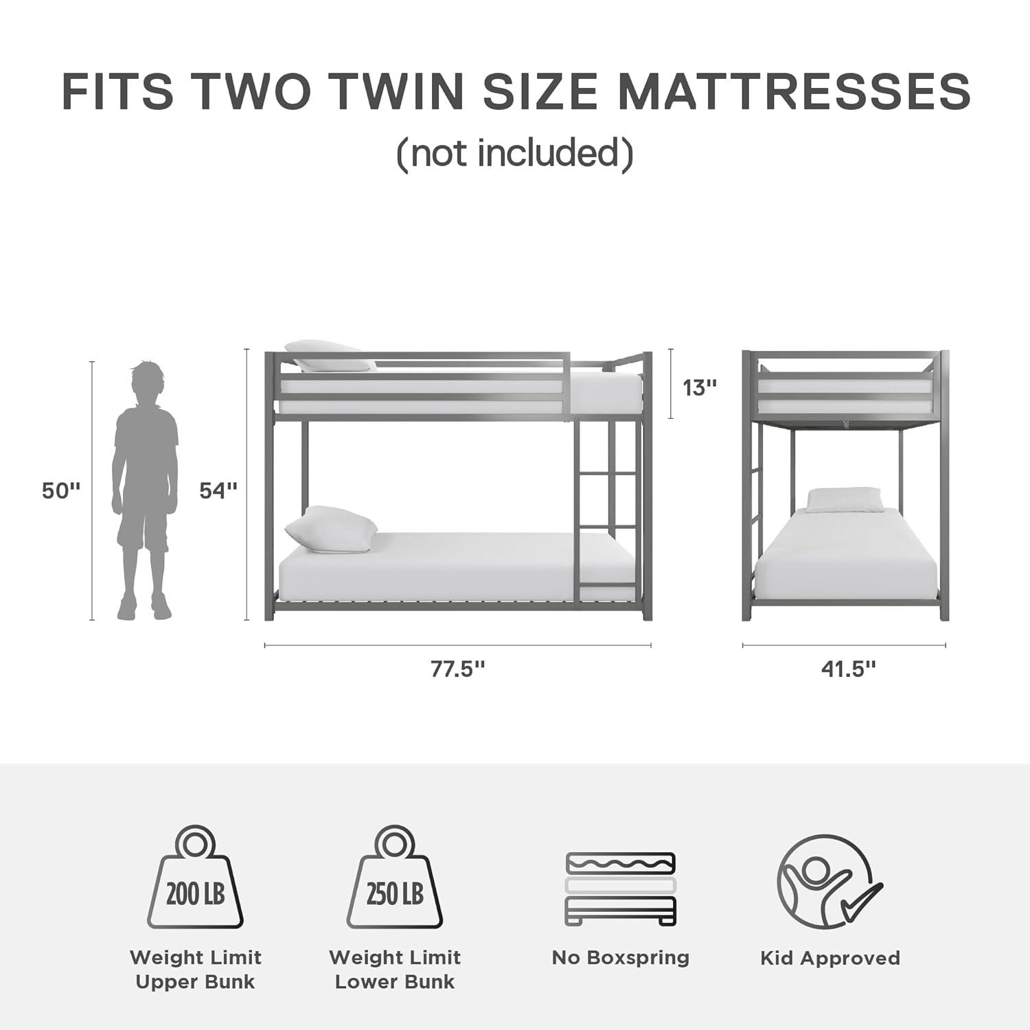 DHP Miles Metal Twin/Twin Bunk Bed, Silver
